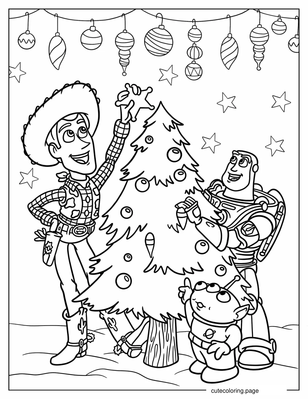 Woody And Buzz Lightyear Decorating Christmas Tree coloring page