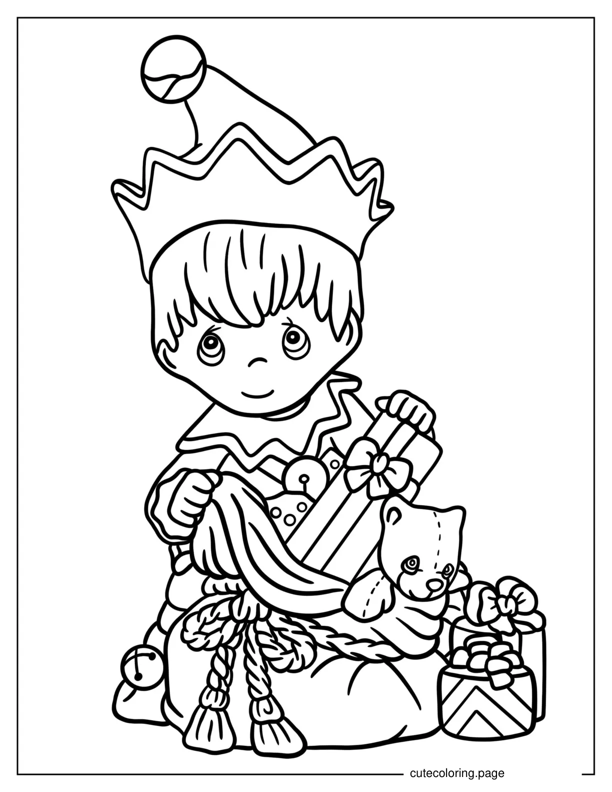 Adorable Elf Packing Santas Sack To Color coloring page