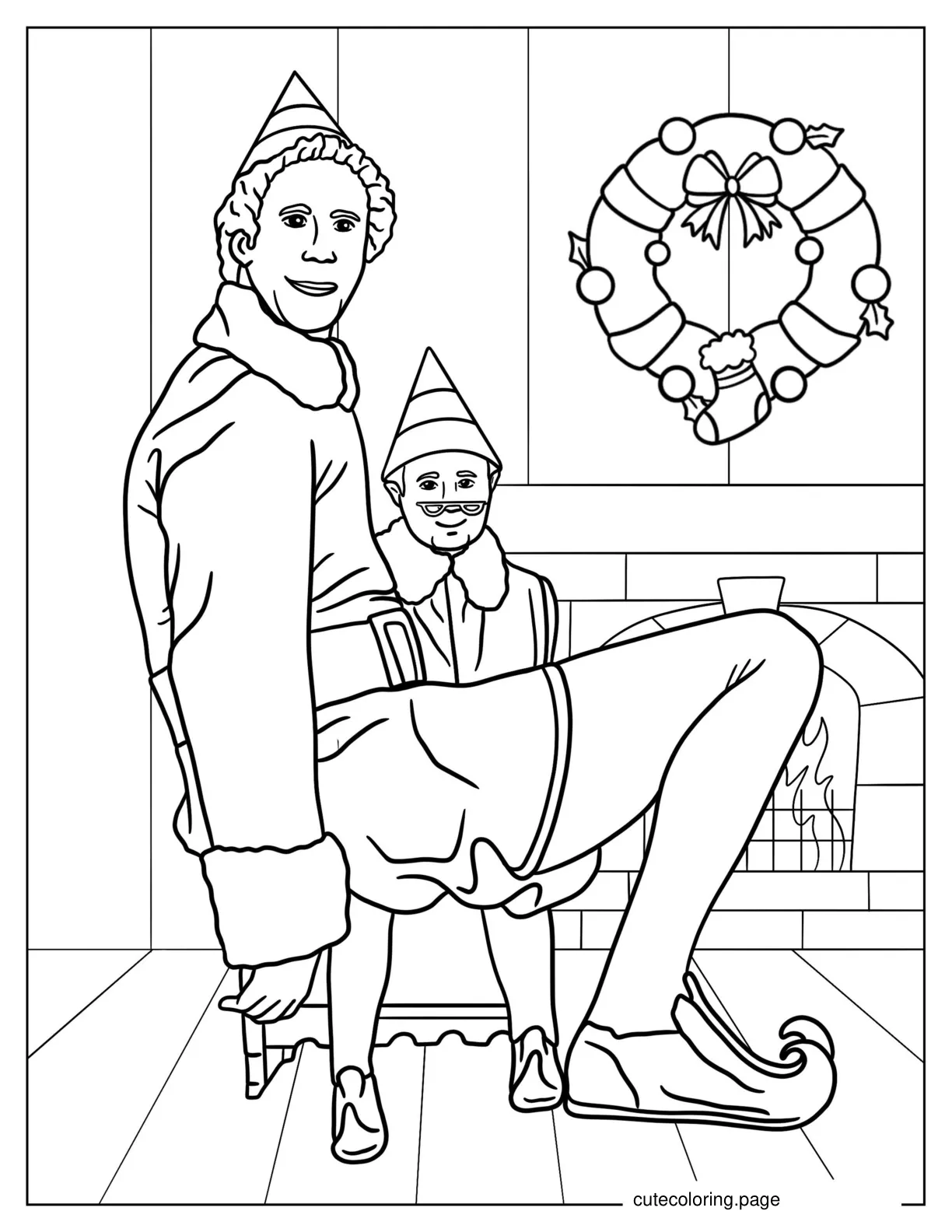 Buddy The Elf Sitting On Poppa Elf To Color coloring page