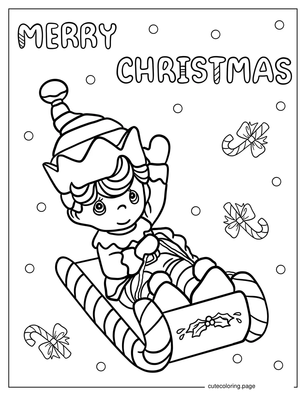 Cute Elf Riding Candy Cane Sleigh coloring page