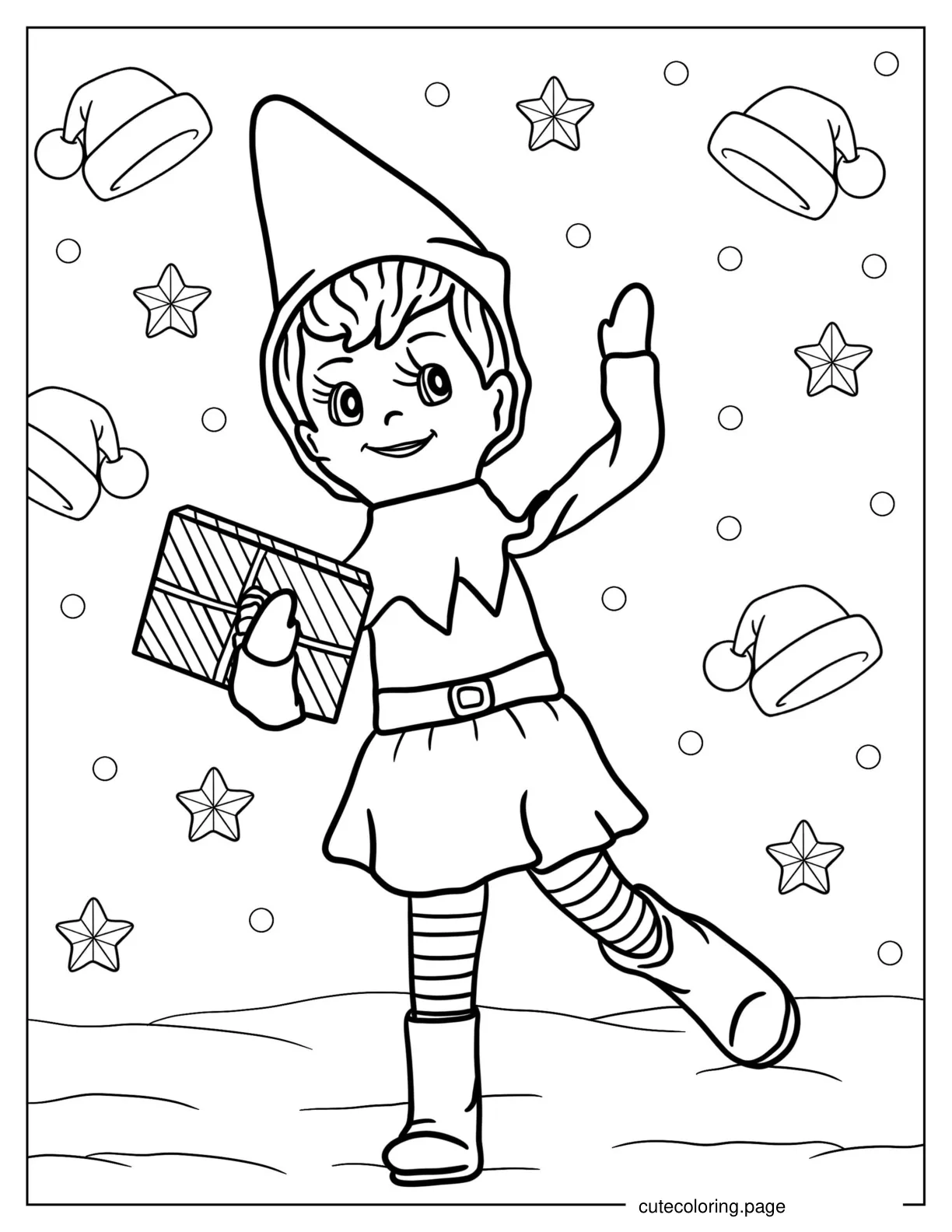 Elf Holding Present Walking In The Snow coloring page