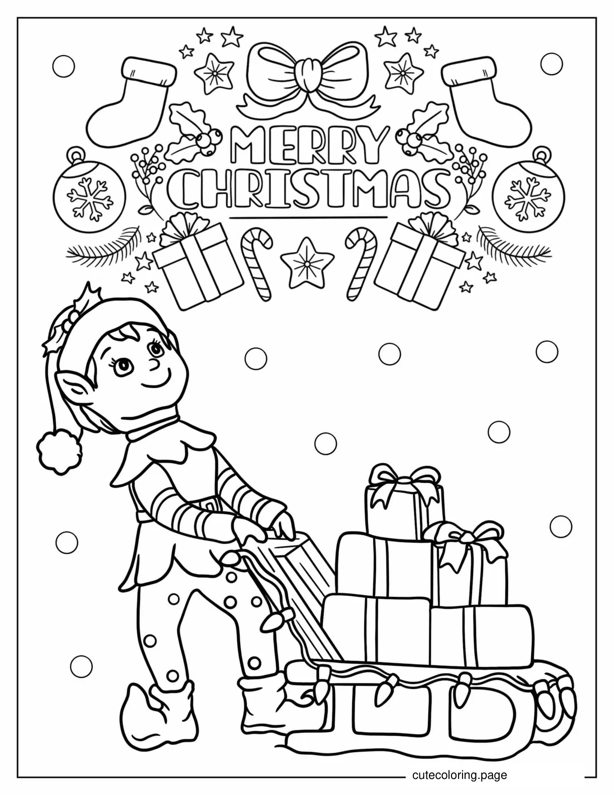 Merry Christmas Themed Elf With Presents coloring page