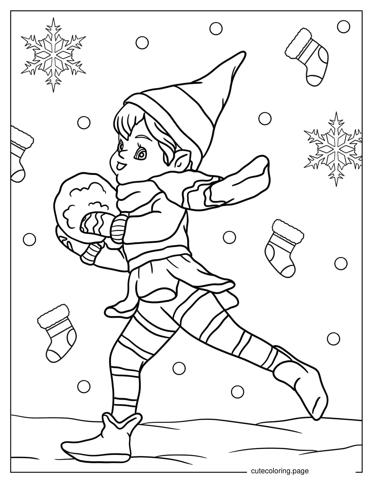 Mischievous Elf Making a Snow Ball coloring page