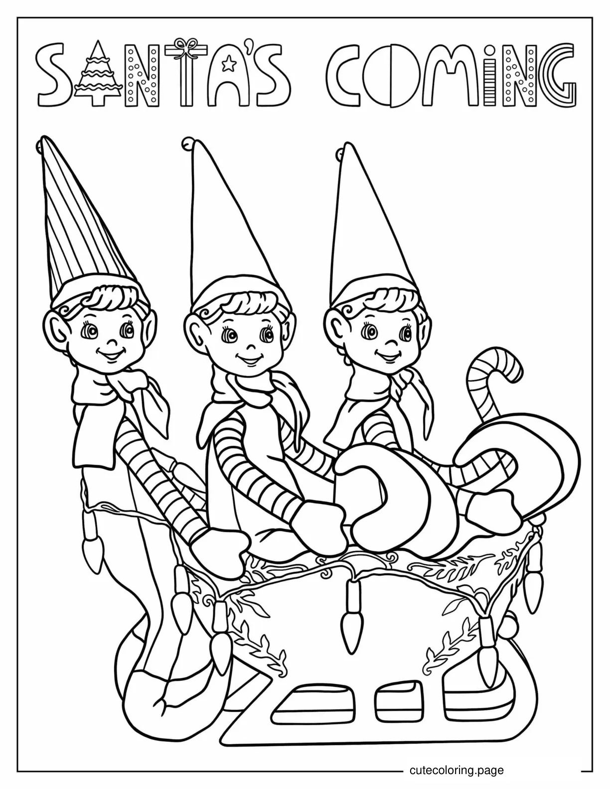 Three Elves Riding a Sleigh coloring page