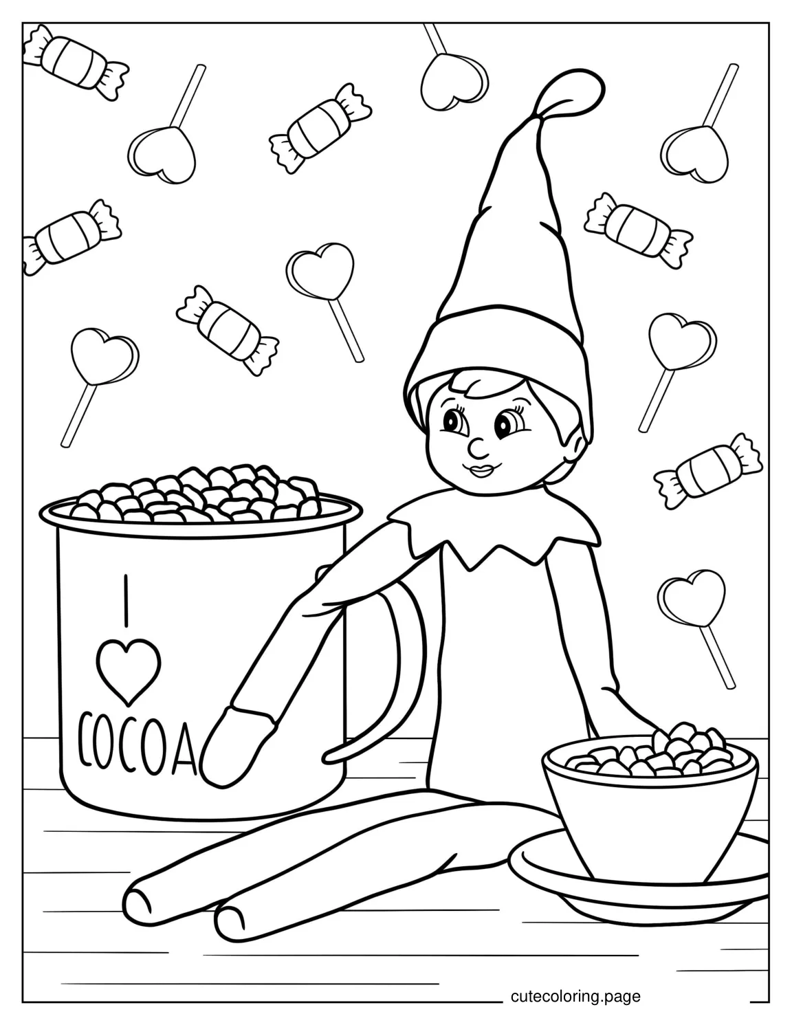 Elf On The Shelf With Candy And Cocoa To Color coloring page