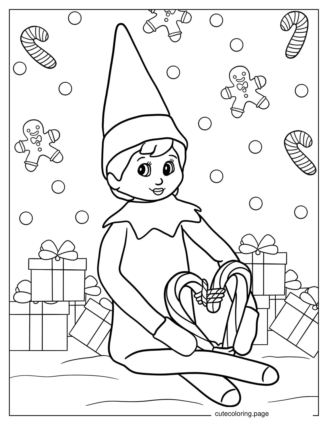 Elf On The Shelf With Candy Canes And Presents coloring page