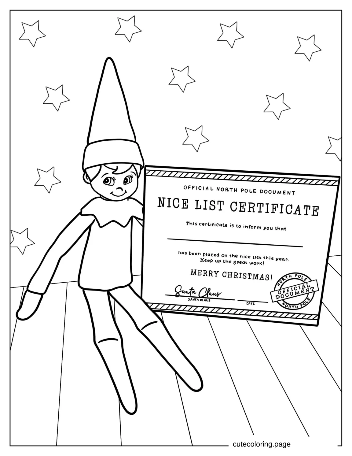 Elf On The Shelf With Nice List Certificate coloring page