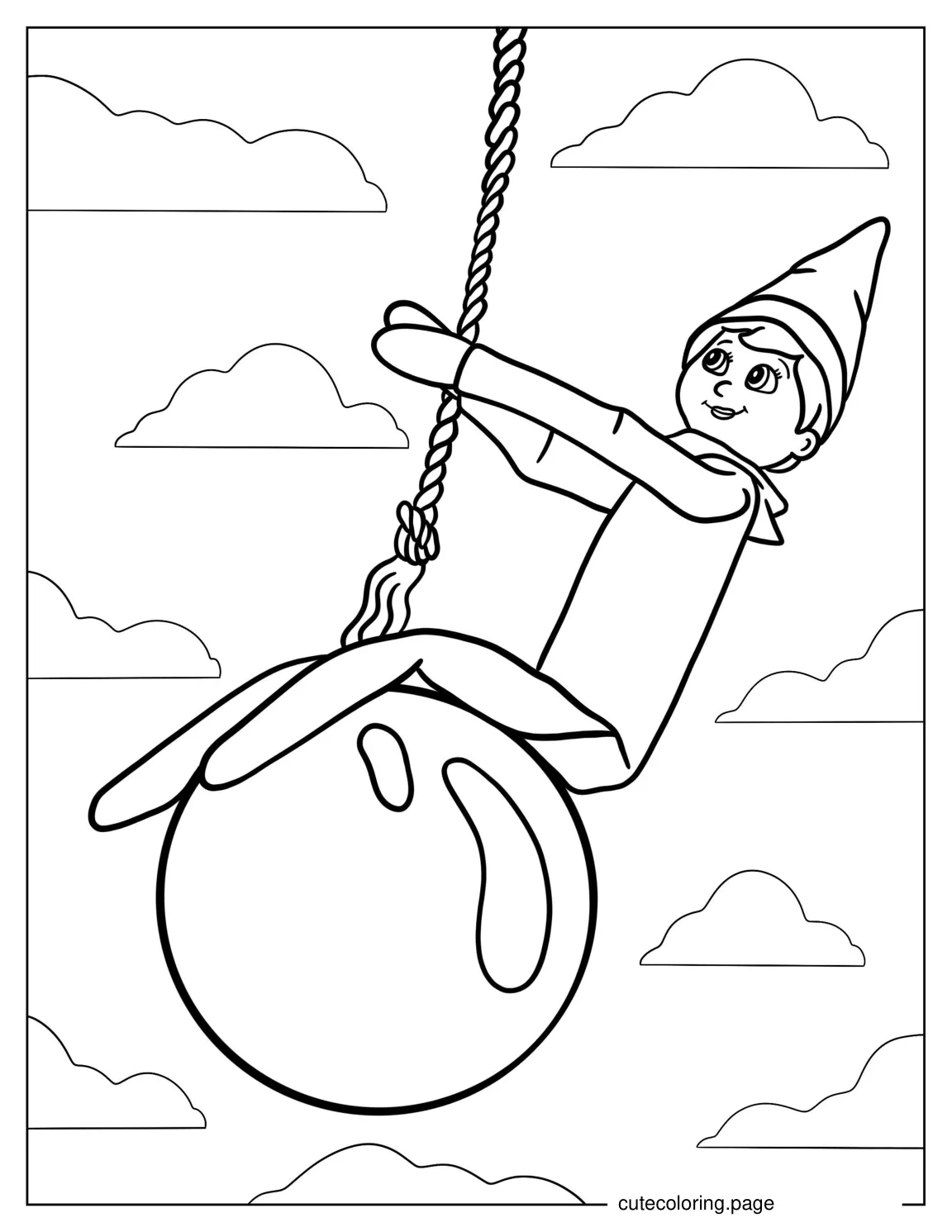 Mischievous Elf On The Shelf Swinging On Ornament coloring page