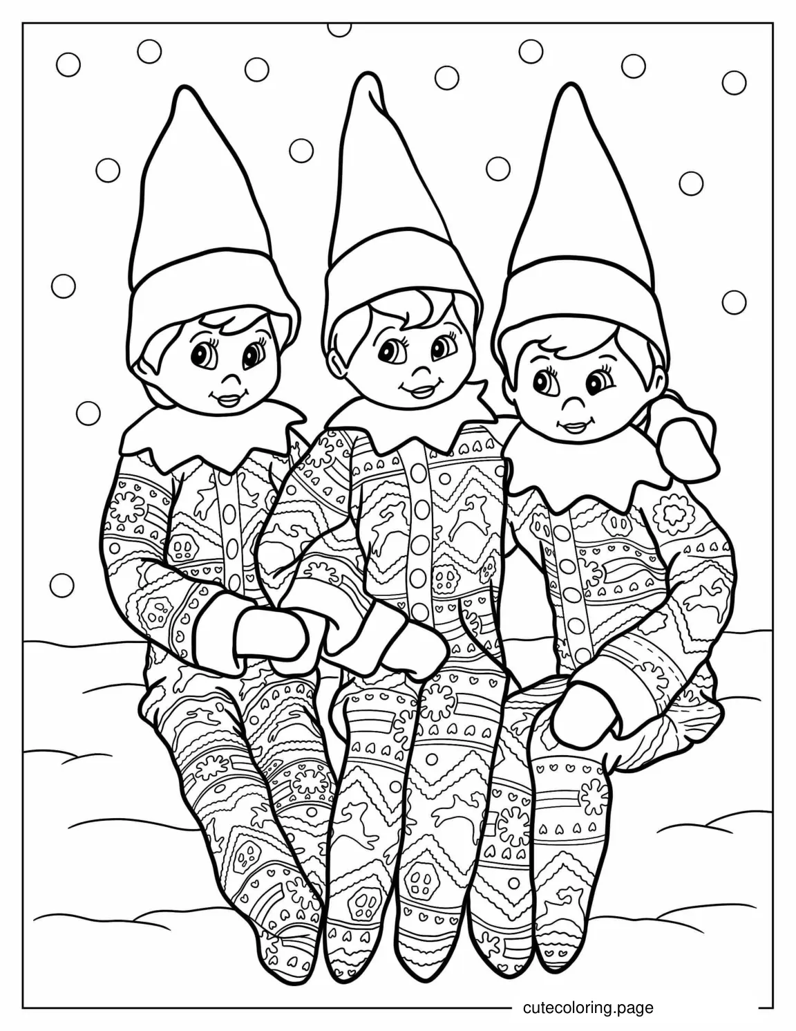 Three Elves On The Shelf Wearing Pyjamas coloring page