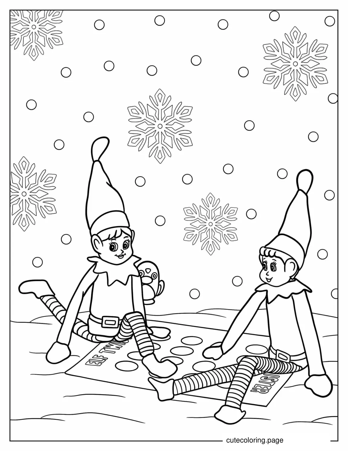 Two Elves On The Shelf Playing Twister coloring page