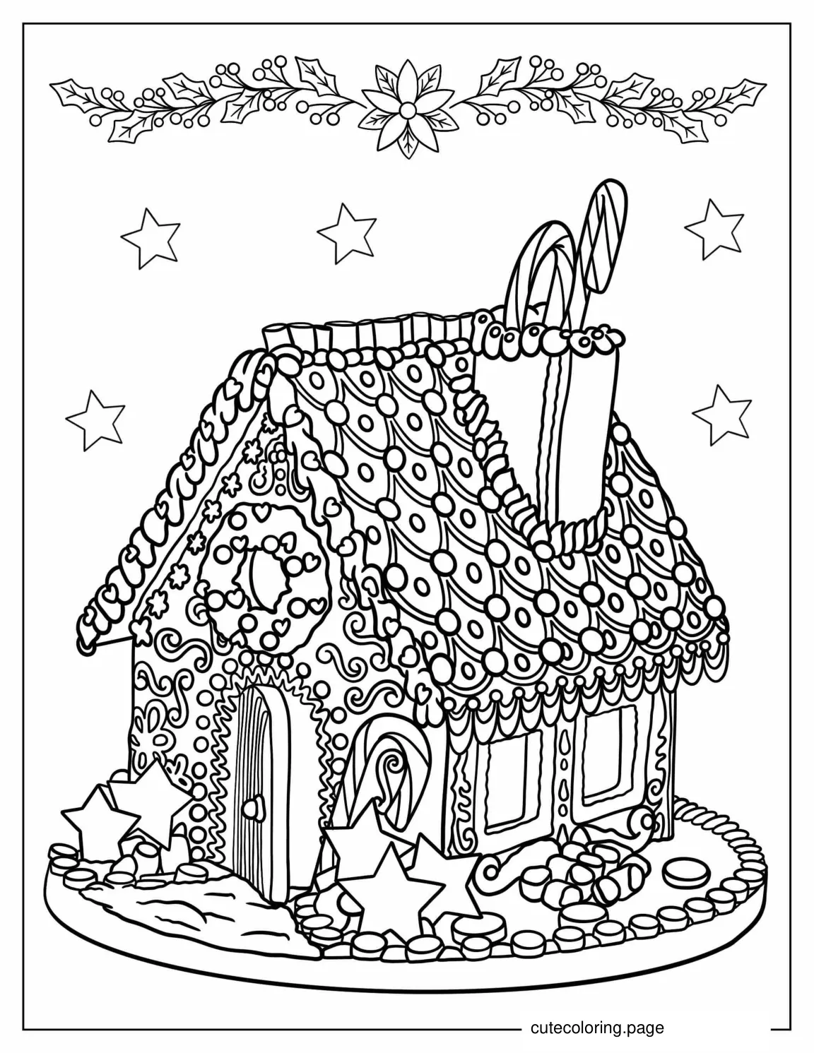 Detailed Gingerbread House Coloring Page For Adults coloring page