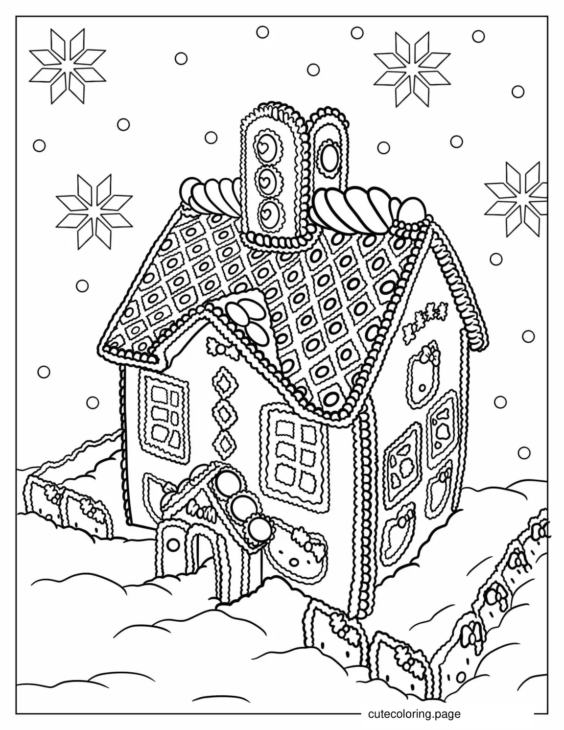 Detailed Hello Kitty Themed Gingerbread House coloring page