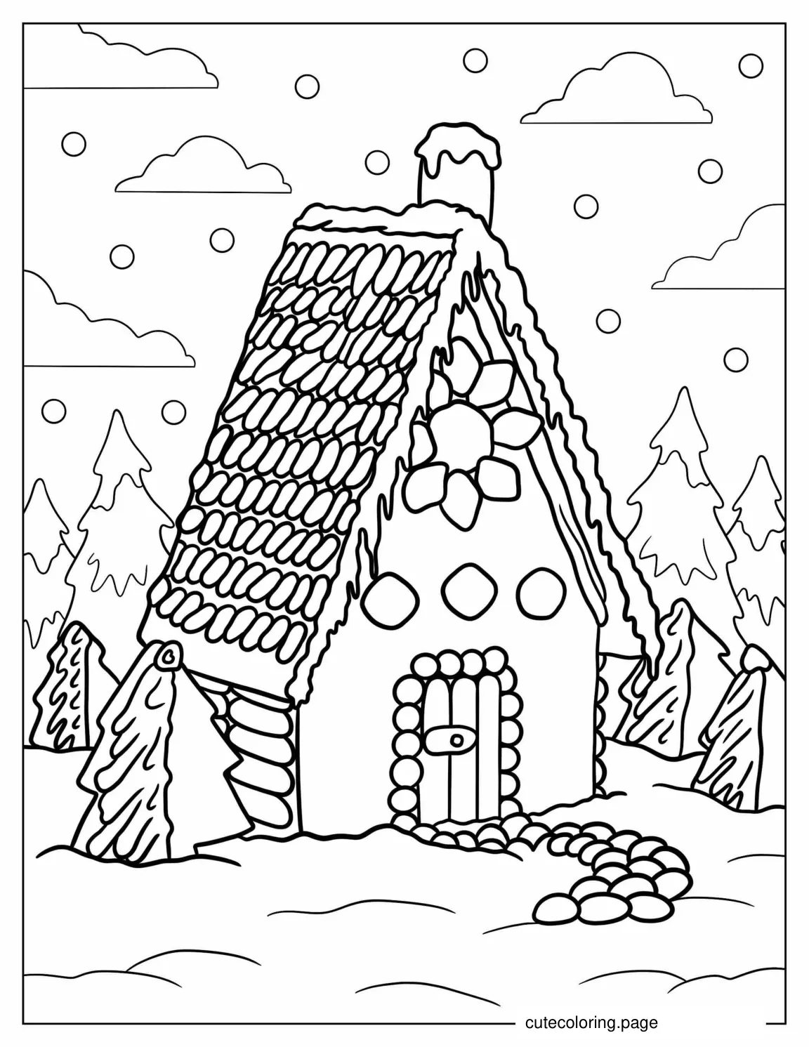 Gingerbread House In a Forest To Color coloring page