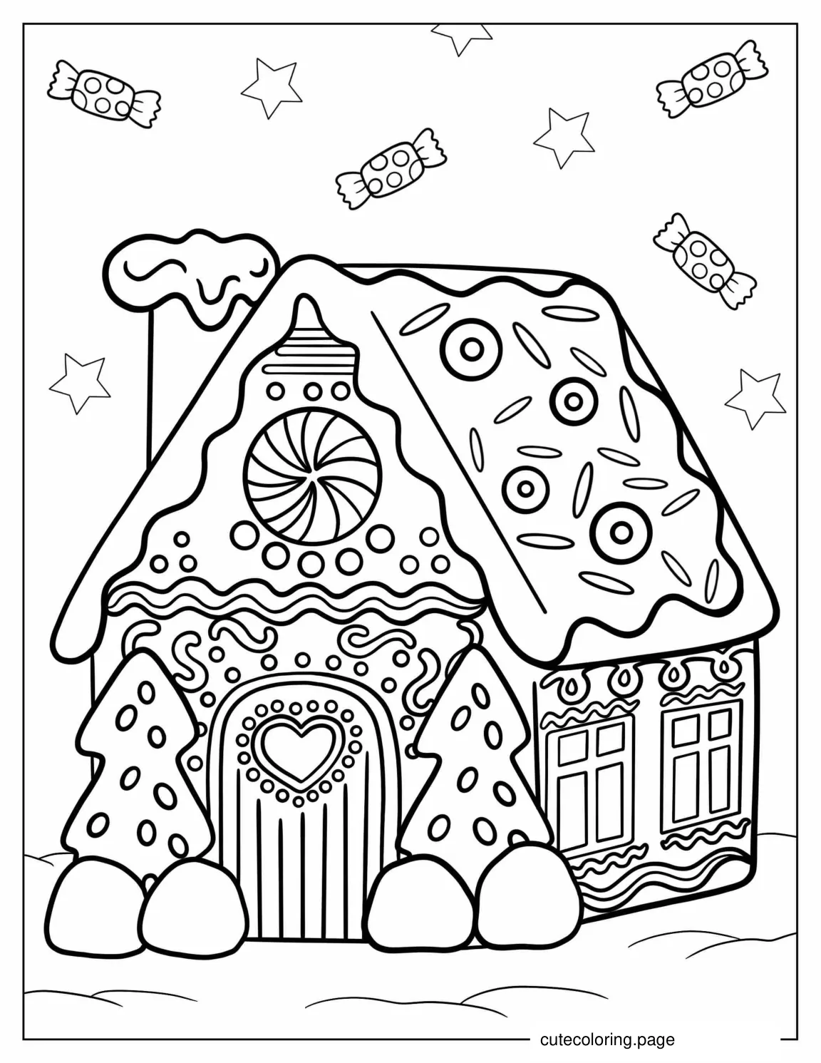 Gingerbread House With Candy And Icing To Color coloring page