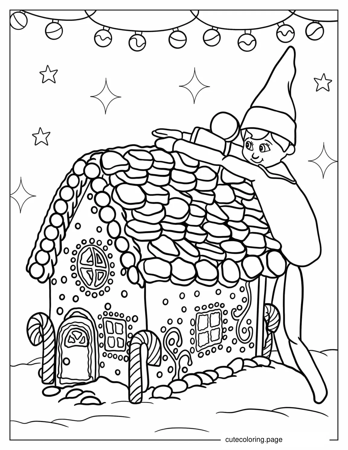 Gingerbread House With Elf On The Shelf To Color coloring page