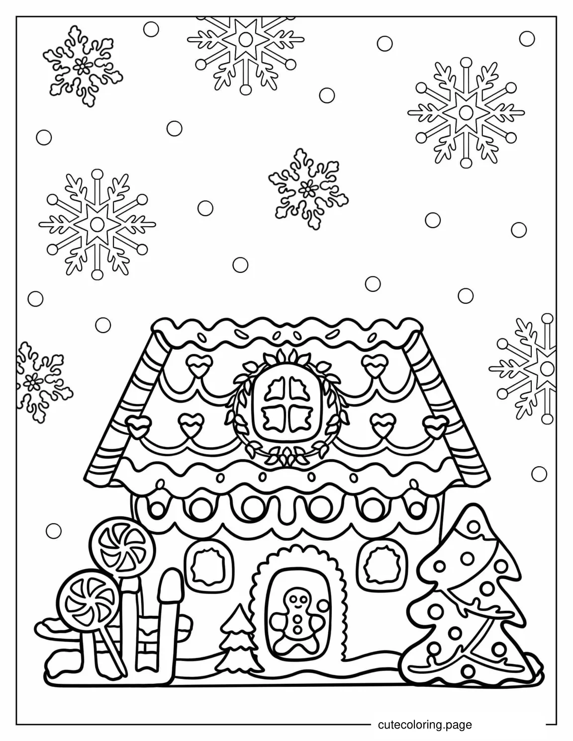 Gingerbread House With Lollipops And Christmas Tree coloring page