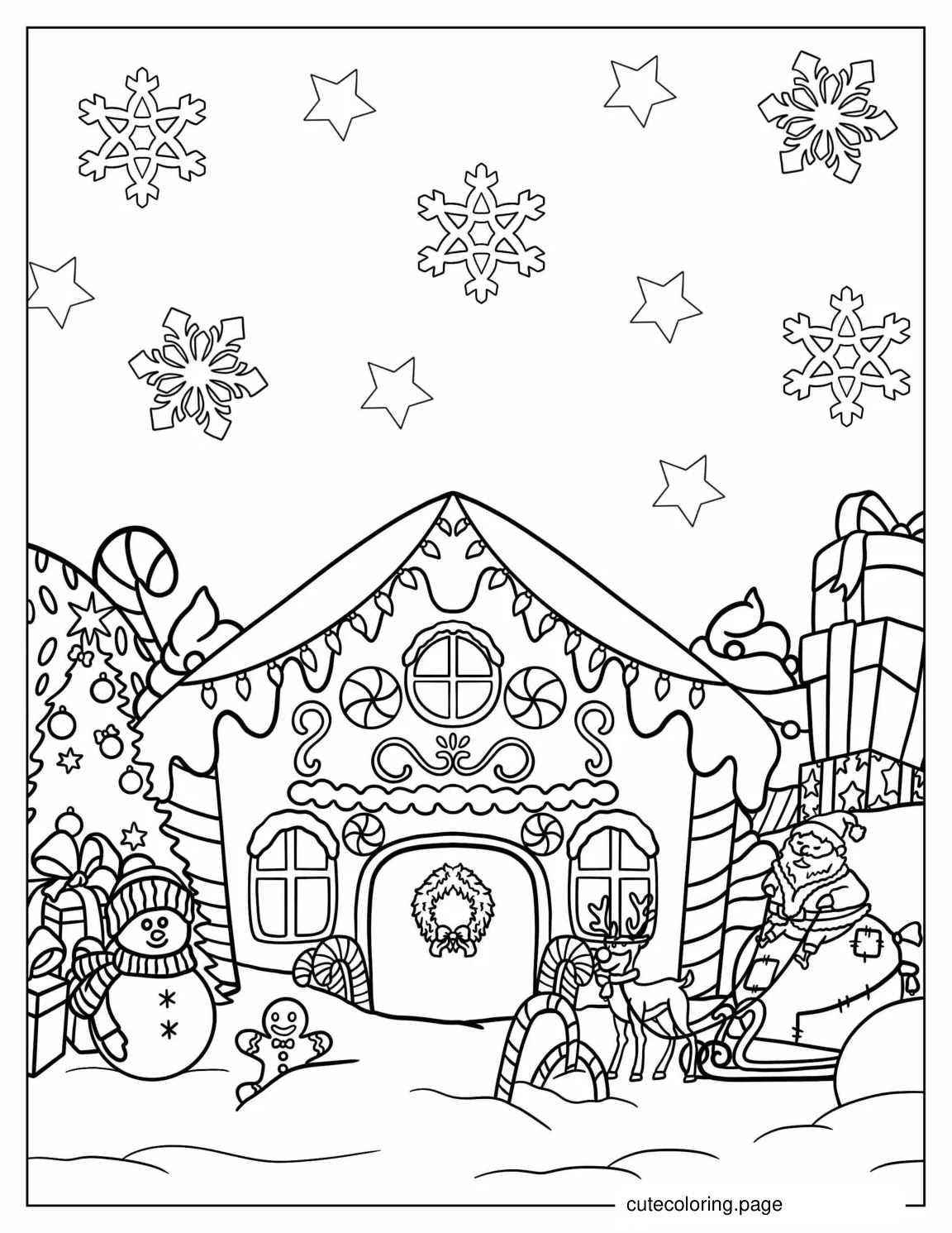 Gingerbread House With Santa And Snowman coloring page