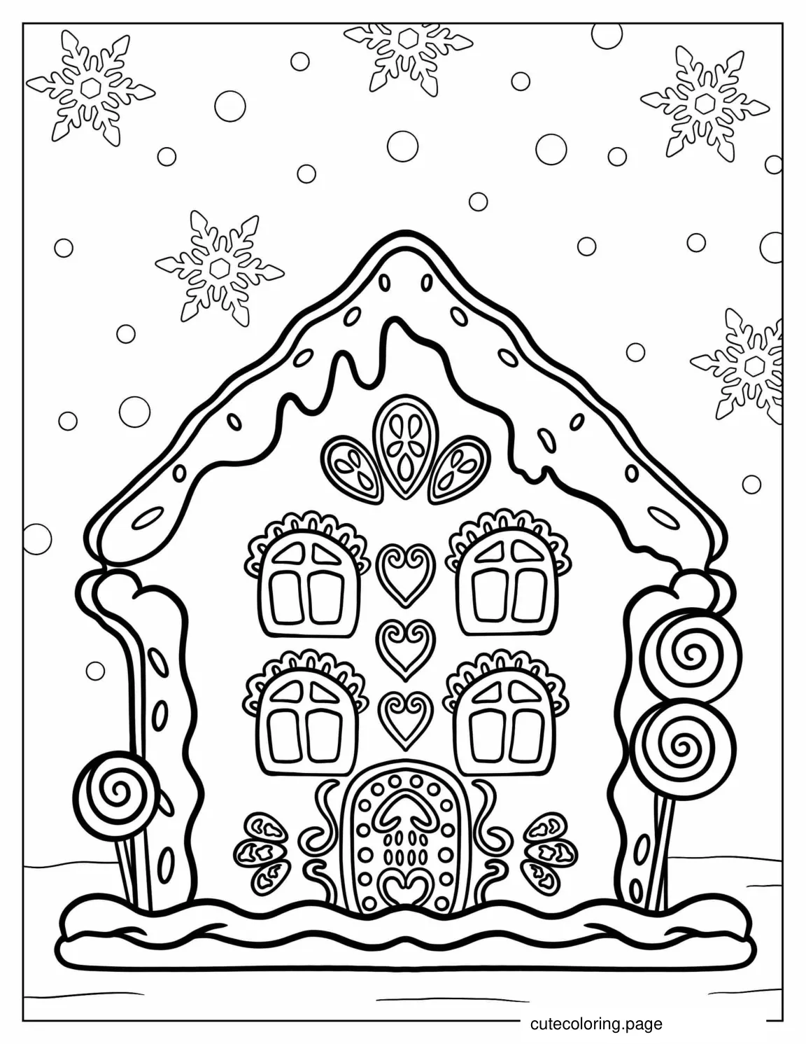 Gingerbread House With Snow Flakes To Color coloring page