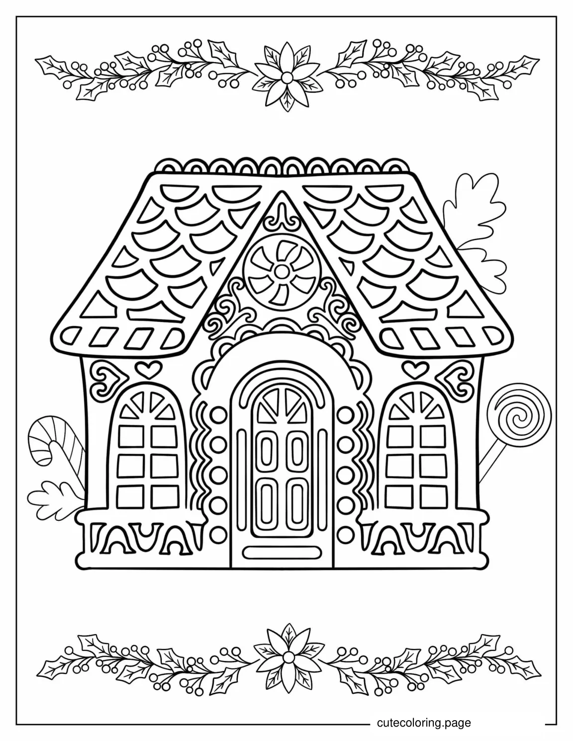 Gingerbread House With Waffle Roof And Mistletoes coloring page