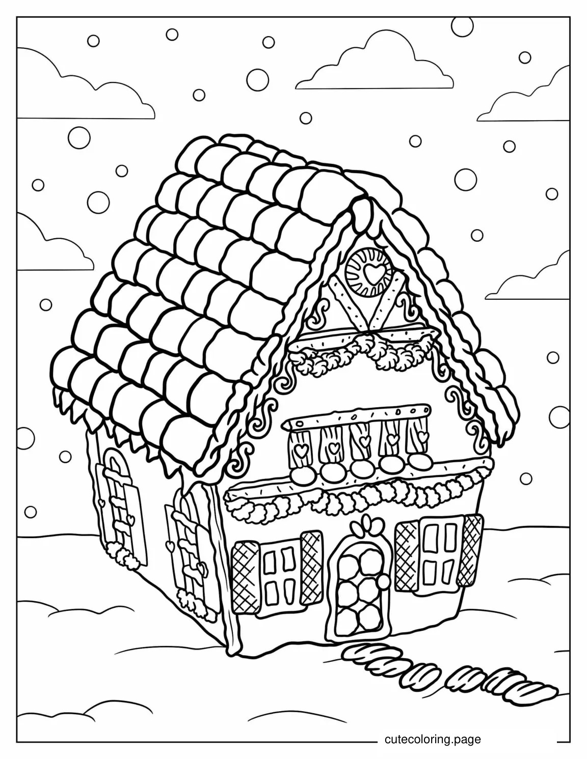 Intricate Gingerbread House In The Snow coloring page