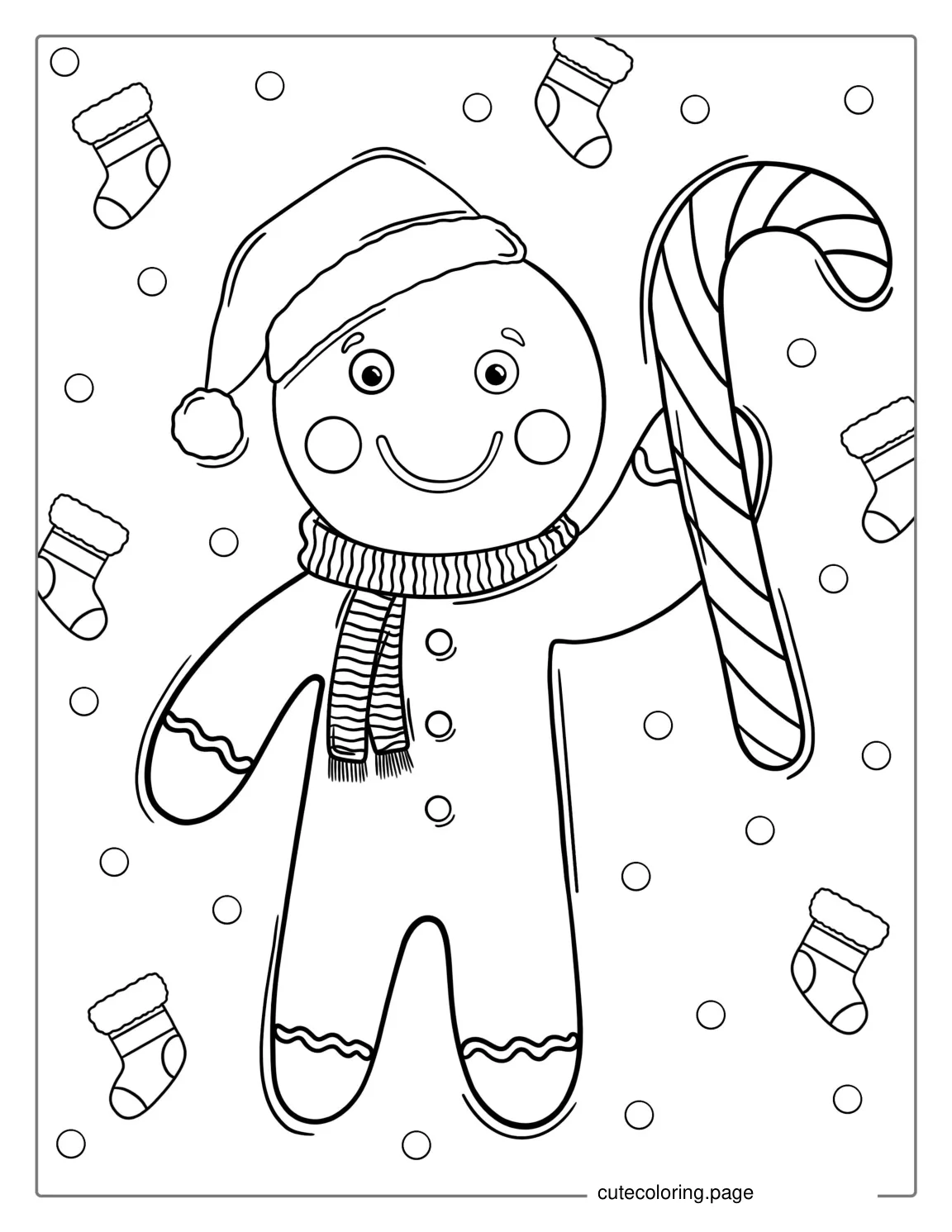 Cute Gingerbread Man Holding Candy Cane To Color coloring page