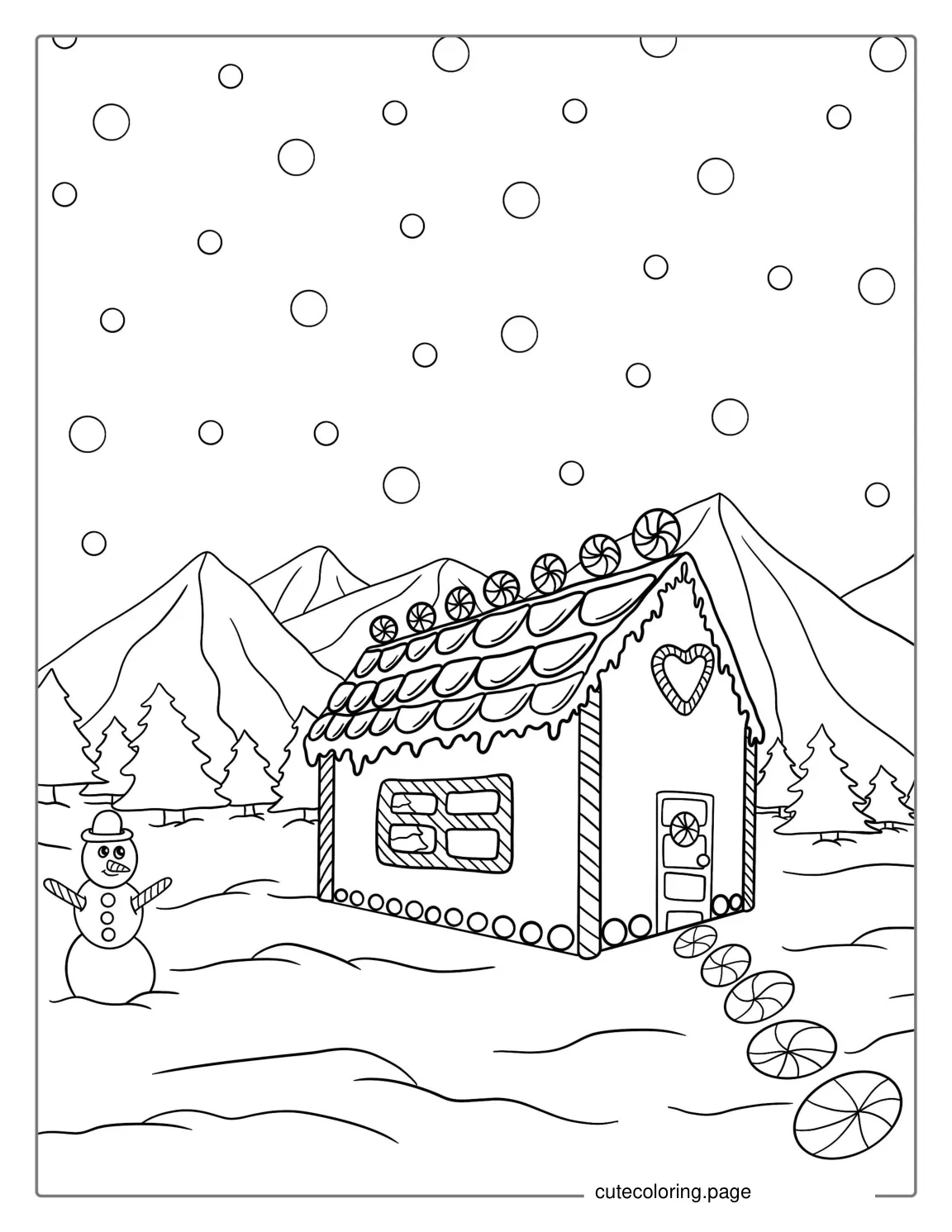 Gingerbread House With Snowman To Color coloring page