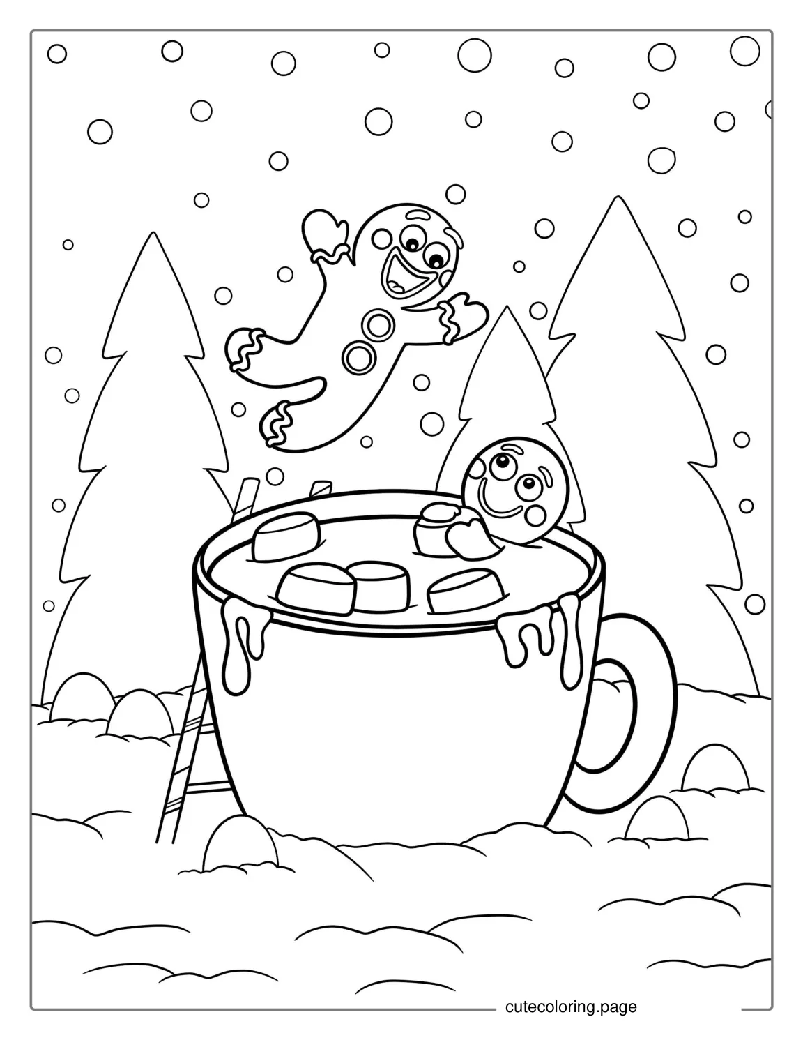 Gingerbread Man Jumping Into Hot Chocolate With Marshmallows coloring page