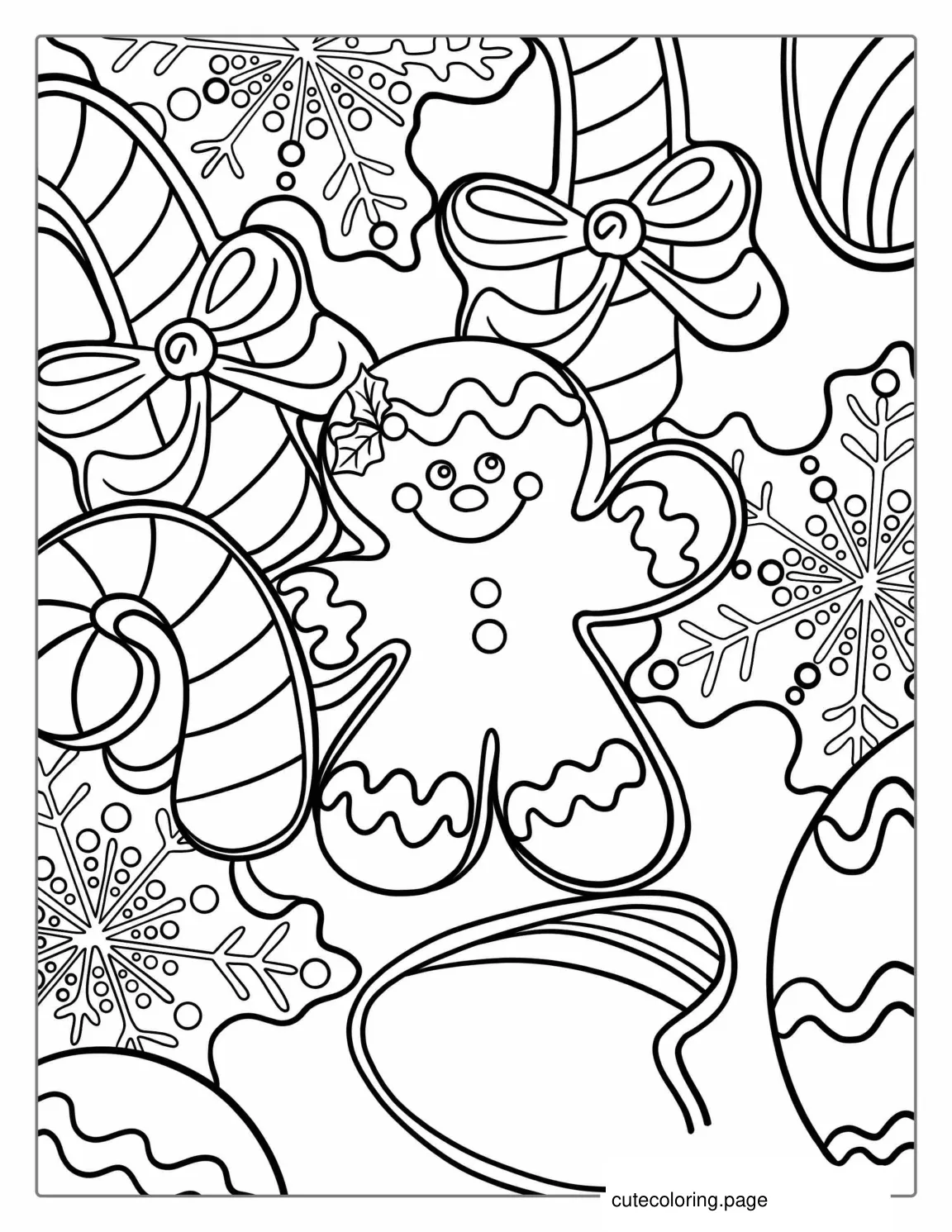 Gingerbread Man With Ornaments And Snowflakes coloring page