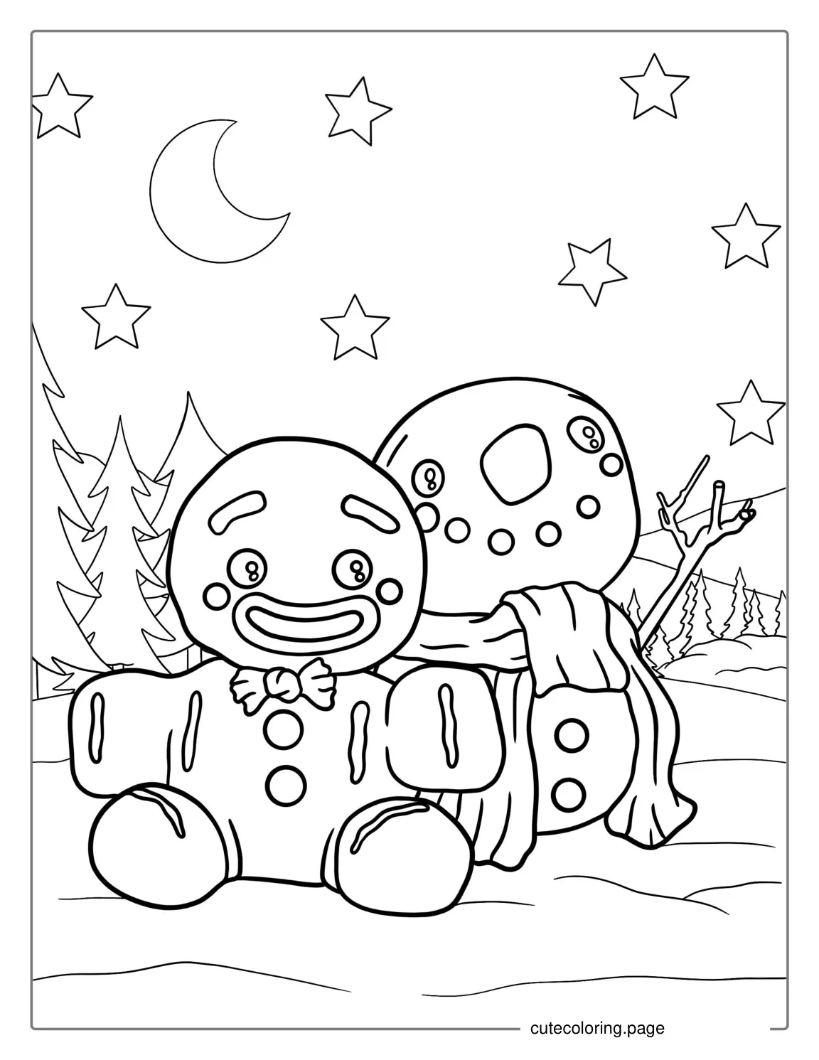 Gingerbread Man With Snowman To Color coloring page