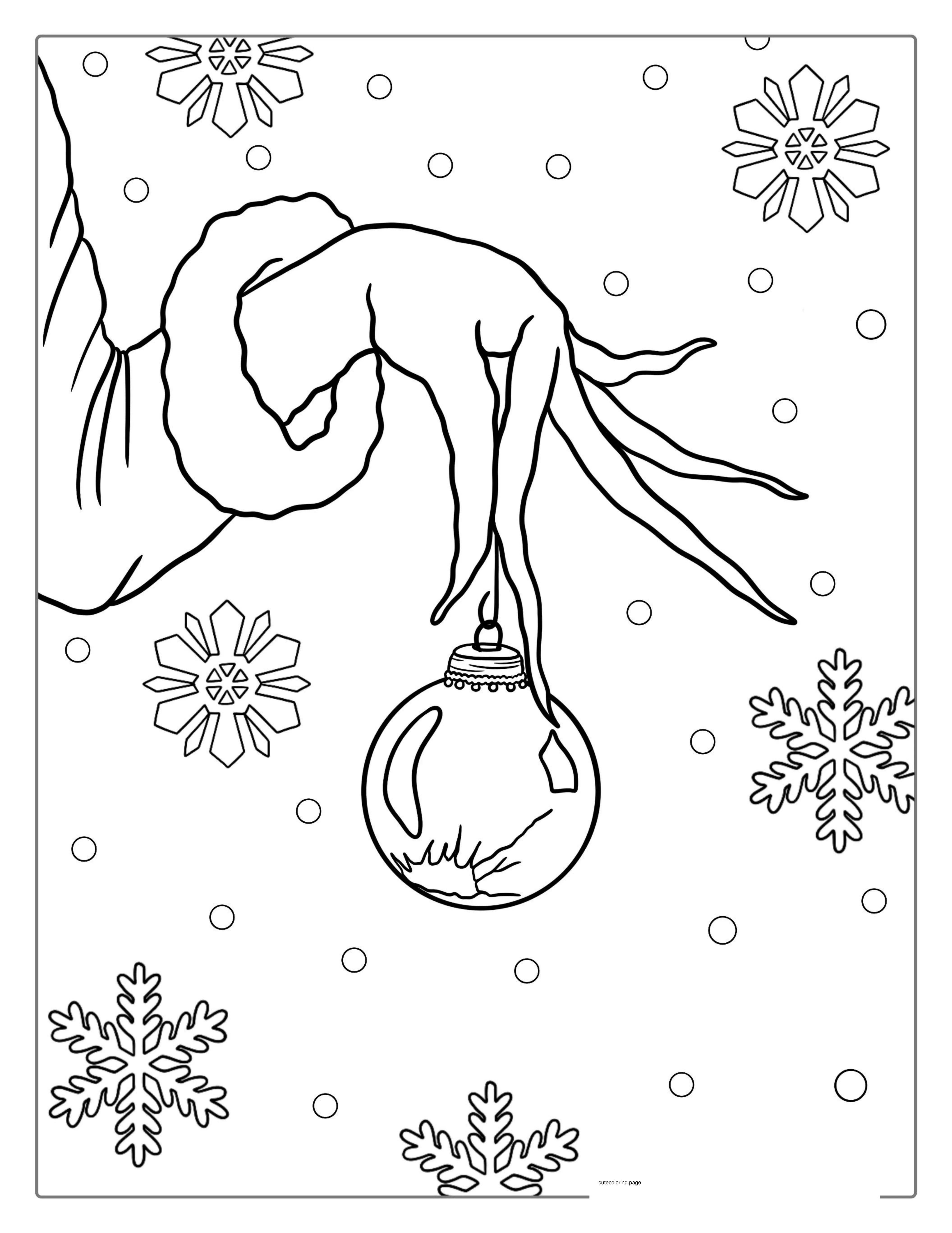 Grinch Hand Holding Christmas Ornament To Color coloring page