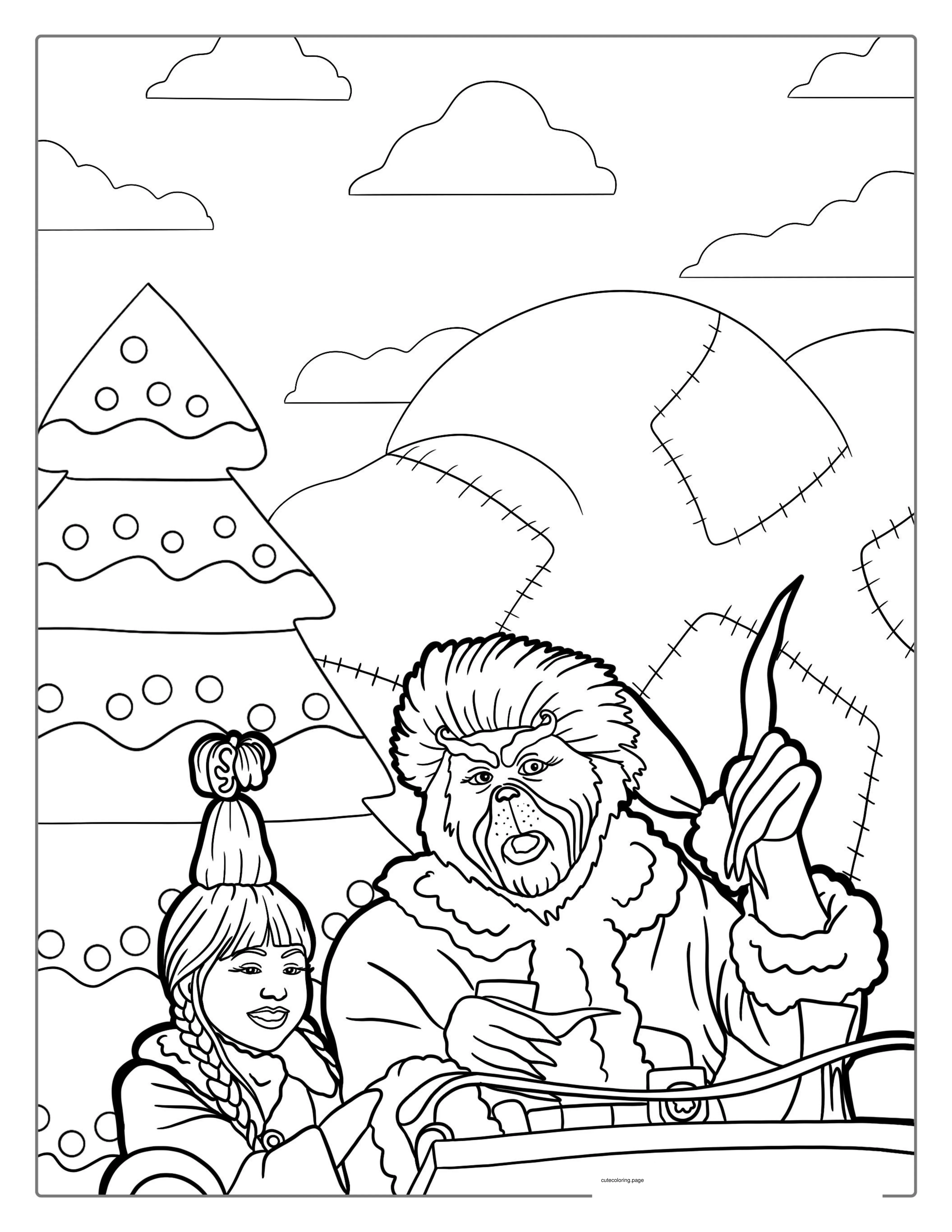 Happy Grinch And Cindy Lou On a Sleigh To Color coloring page