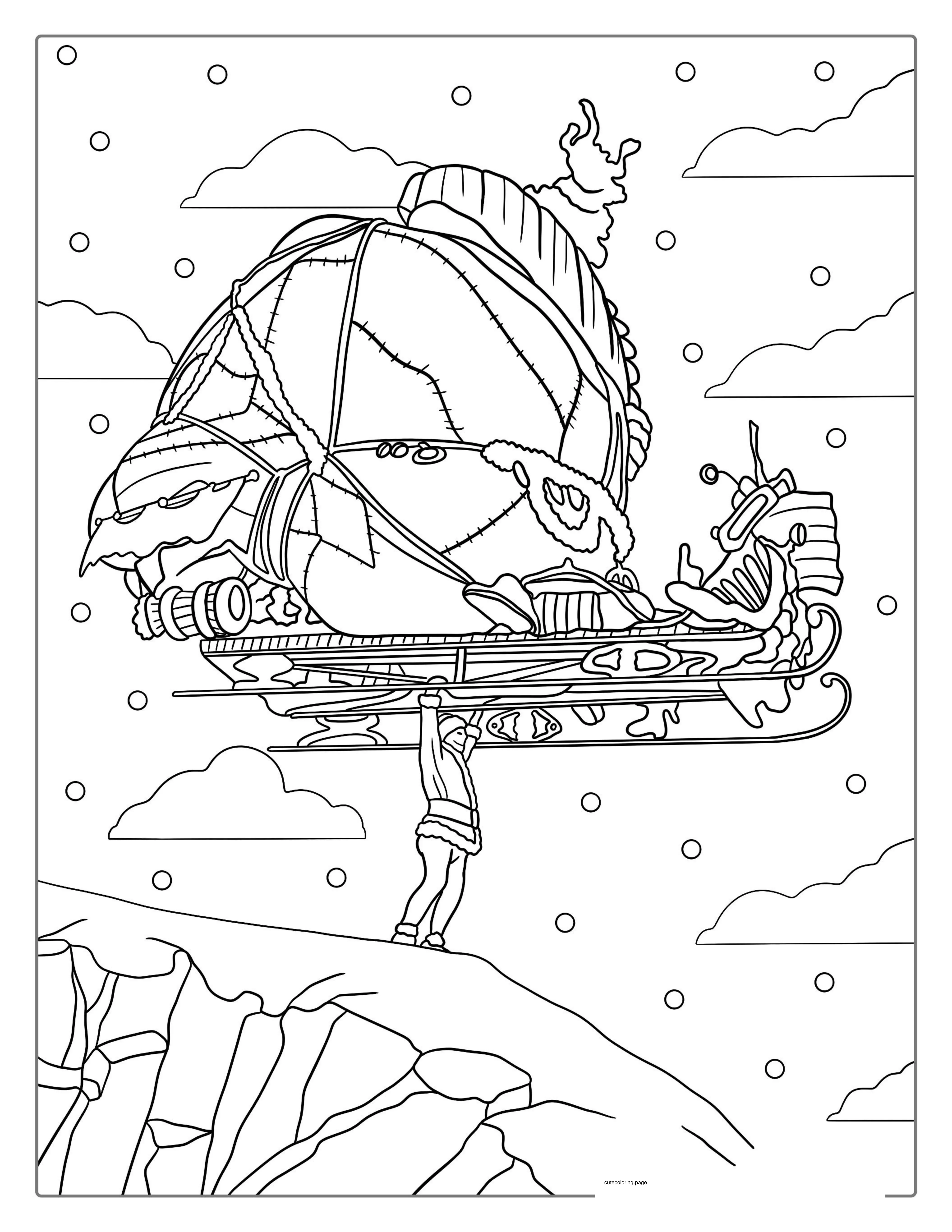 The Grinch Holding Up Santas Sleigh Coloring Page coloring page