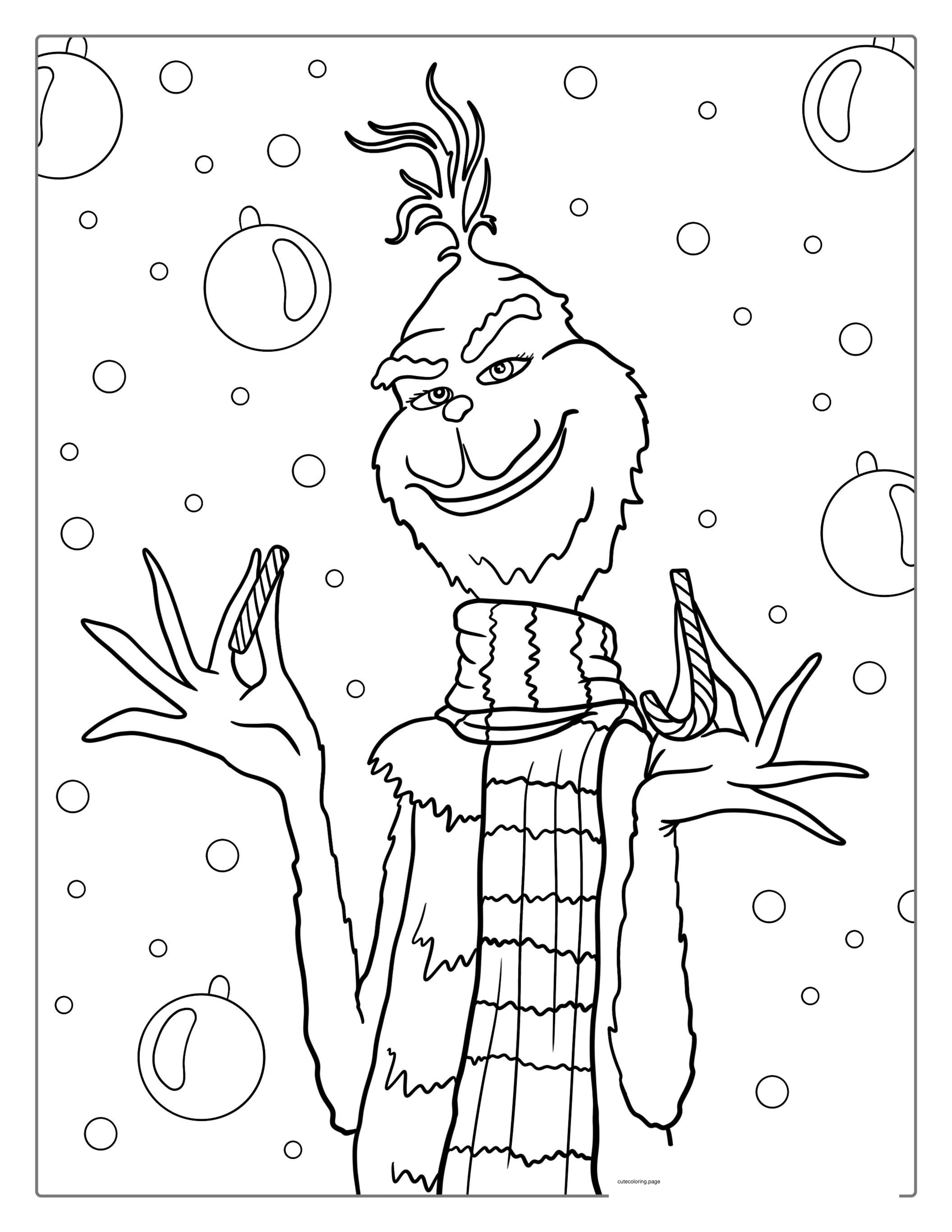 The Grinch Wearing Scarf And Holding Candy Canes coloring page