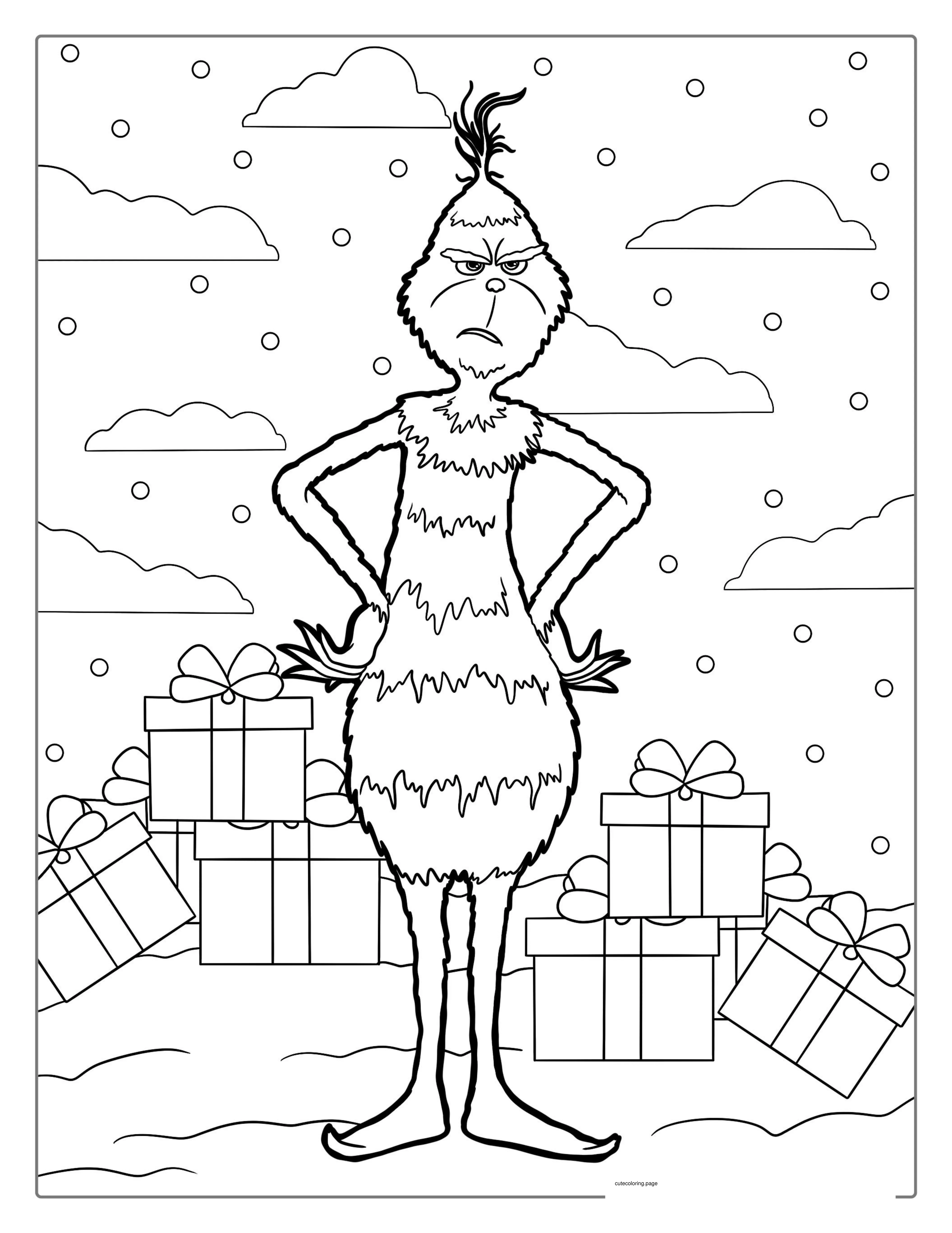 Unhappy Grinch With Christmas Presents Coloring Page coloring page