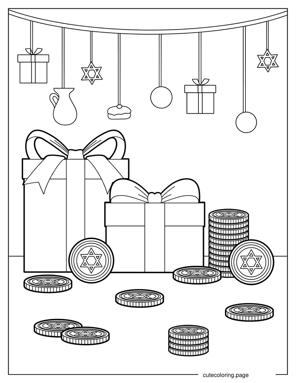 Boxed Presents With Bows And Chocolate Gelts Coloring Page coloring page