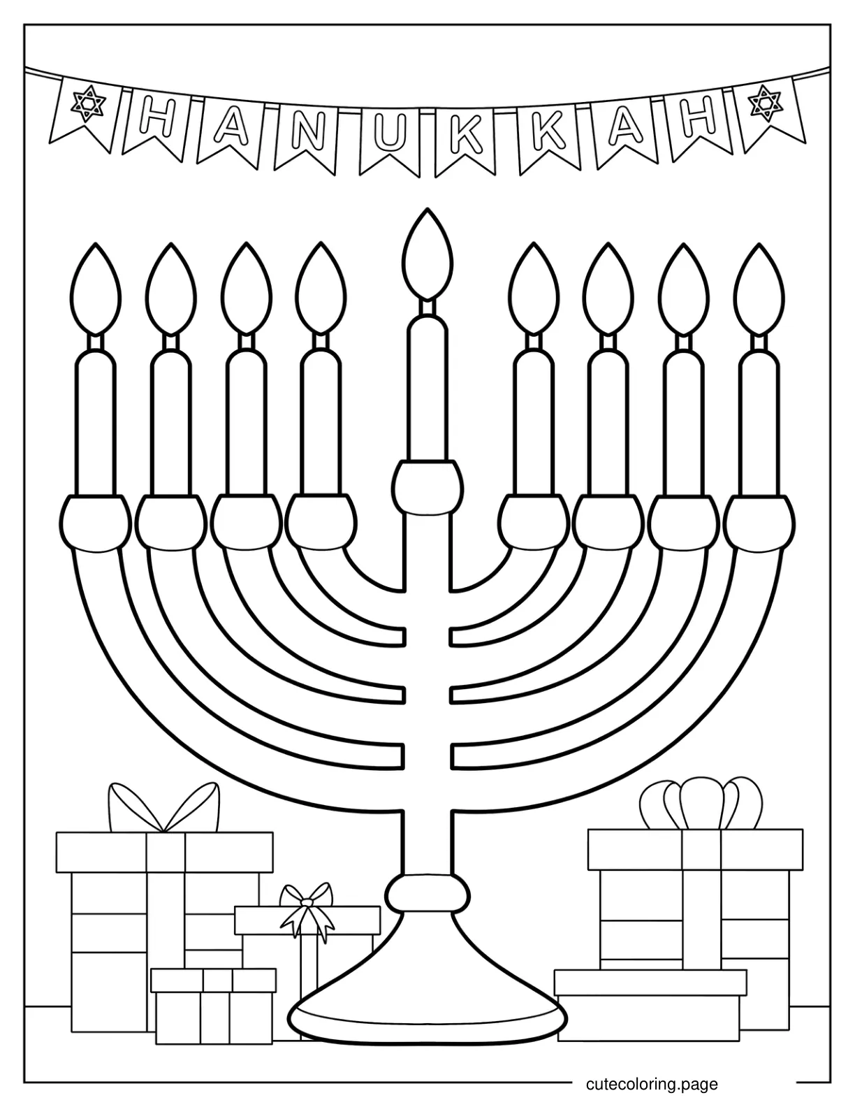 Easy Menorah Outline With Hanukkah Banner On Top Coloring Page coloring page