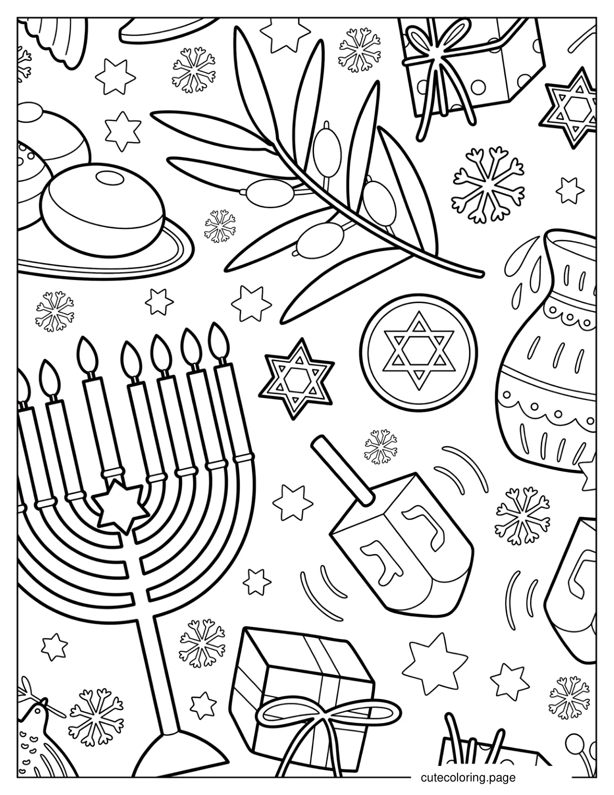 Hanukkah Sufganiyot Chocolate Gelt Menorah Star Of David And Dreidel Coloring Page coloring page