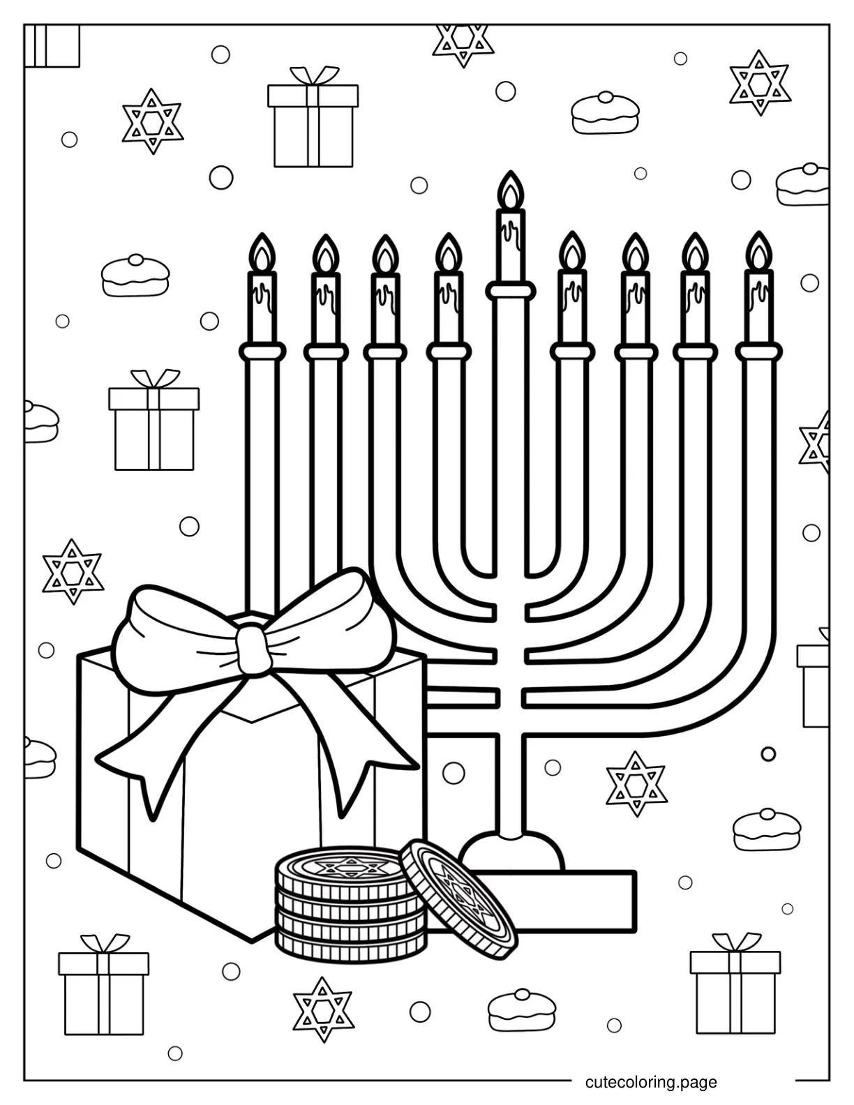 Menorah With Present And Chocolate Gelts Hanukkah Coloring Page For Kids coloring page