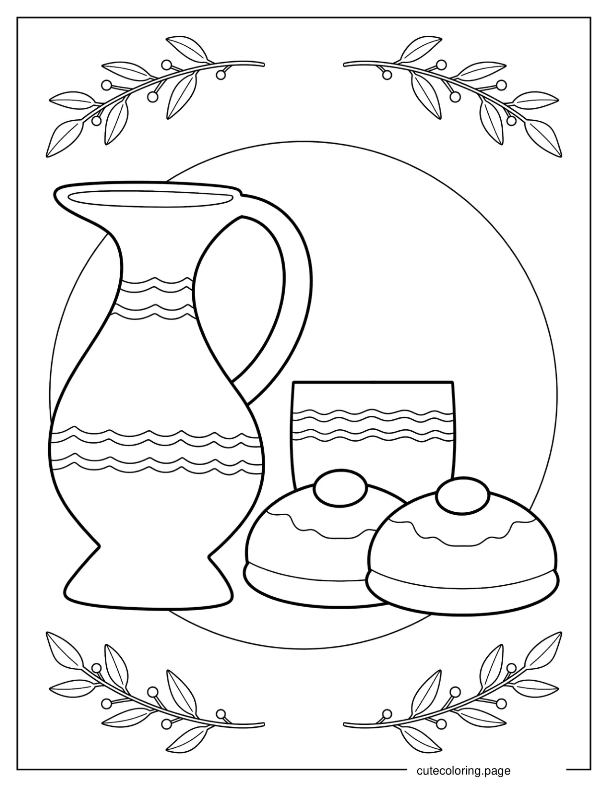 Outline Of Clay Pitcher With A Plate Of Sufganiyah coloring page