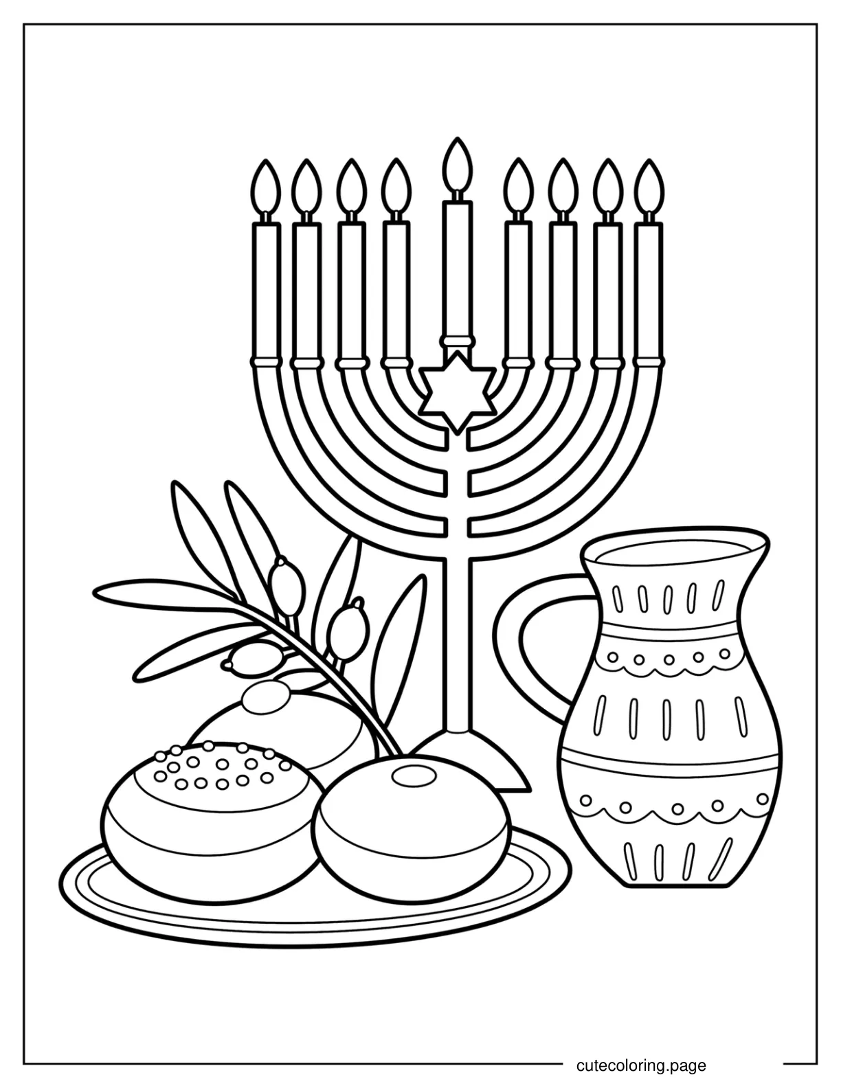 Simple Menorah With Hanukkah Desserts Coloring Page For Kids coloring page