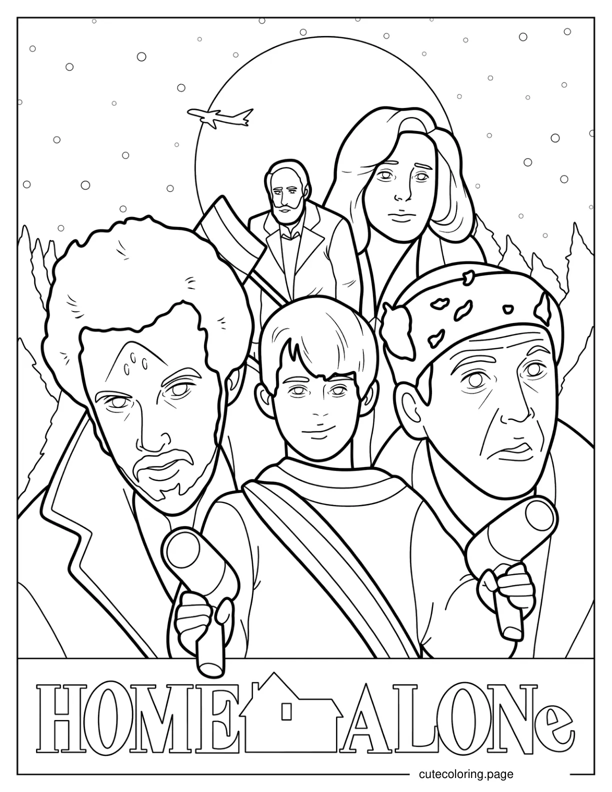 Home Alone Movie Poster With Kevin McCallister Thiefs The Mother and The Old Man coloring page