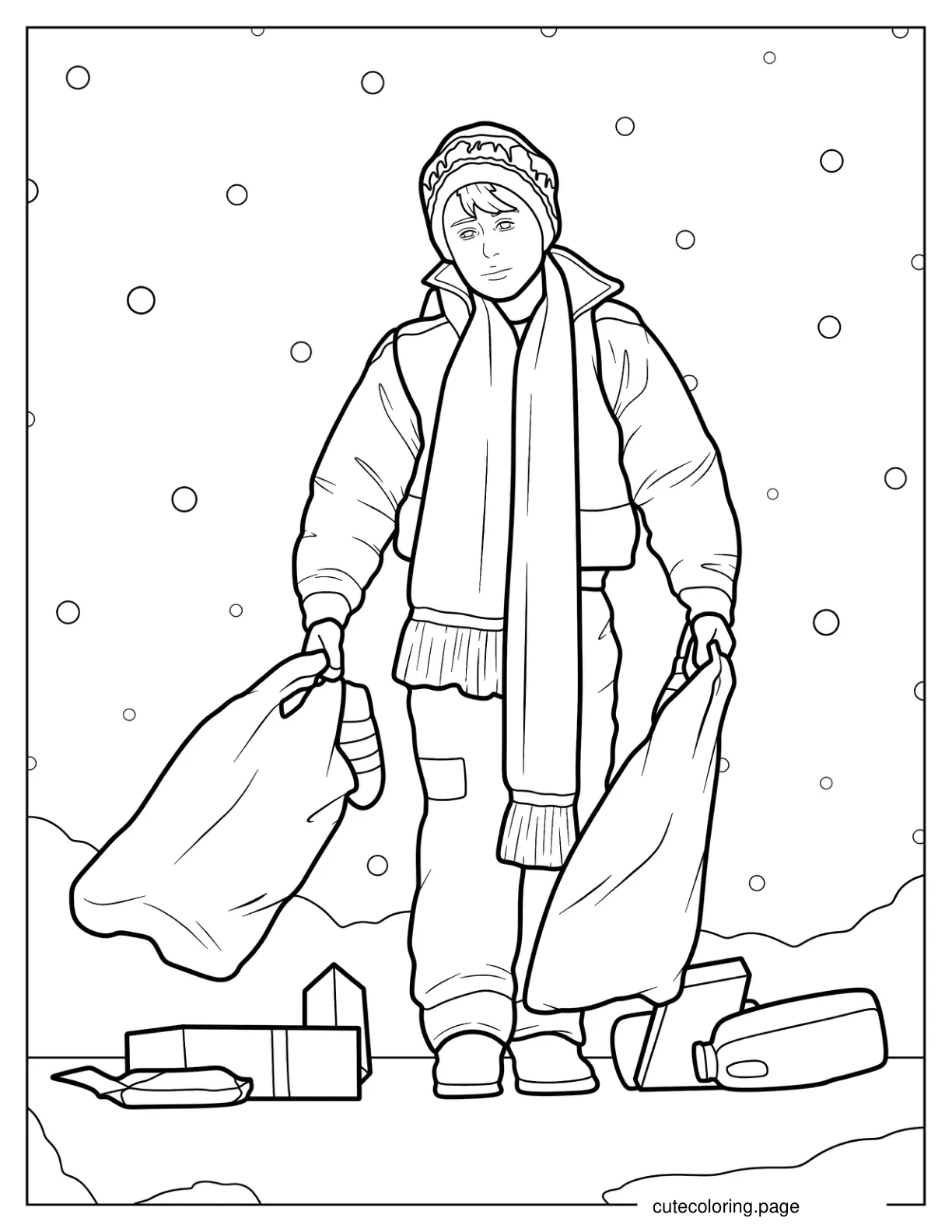 Kevin McCallister Walking In The Snow With Plastic Bags Coloring Page coloring page