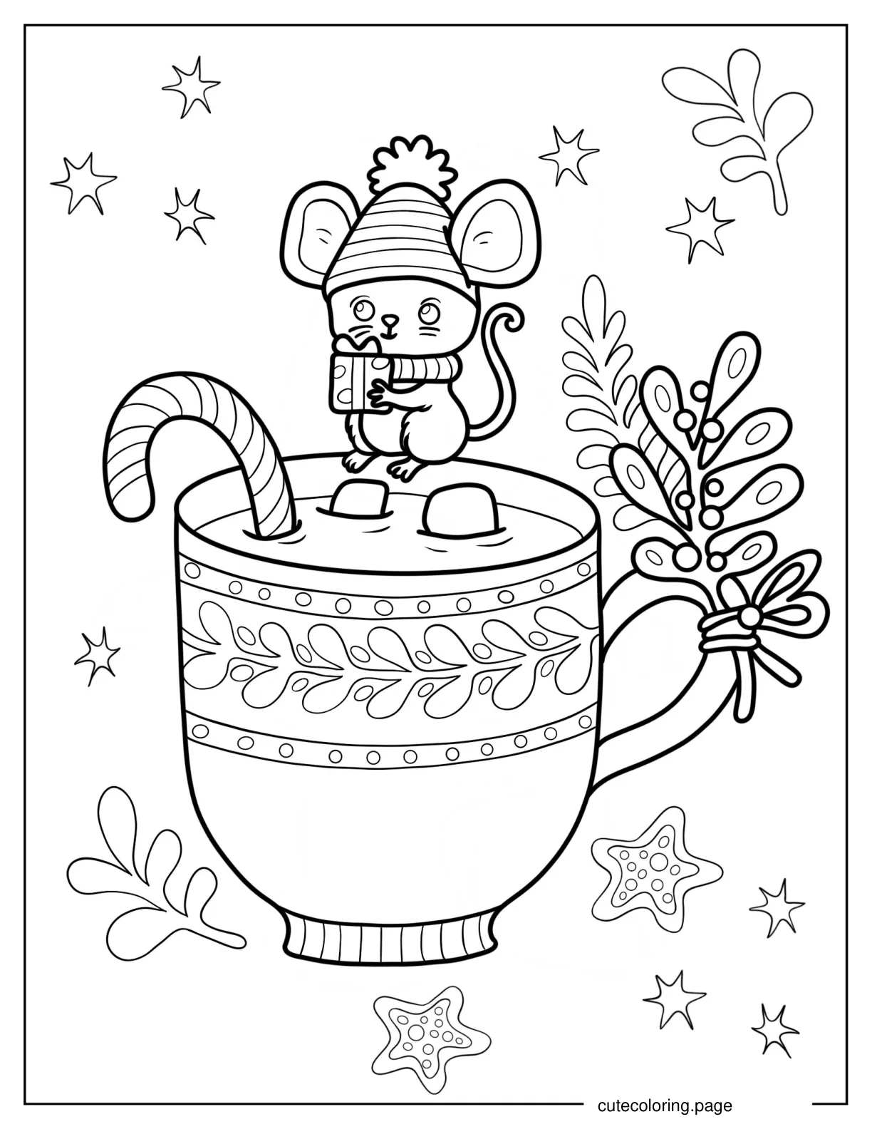 Christmas Cup Of Hot Cocoa With Candy Cane And Cute Mice Holding Present coloring page