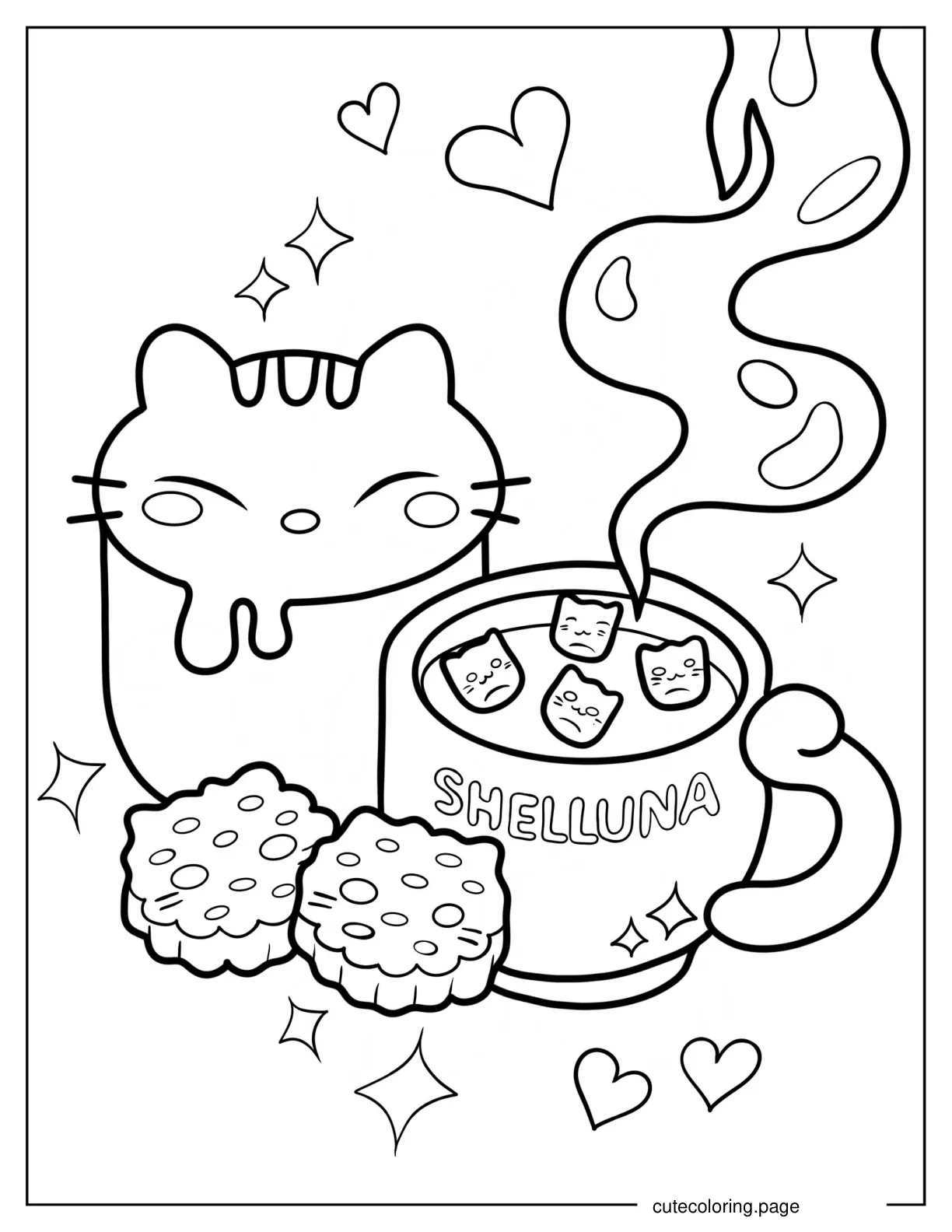 Cute Cat In Cup With Steaming Hot Chocolate Coloring Page For Preschoolers coloring page