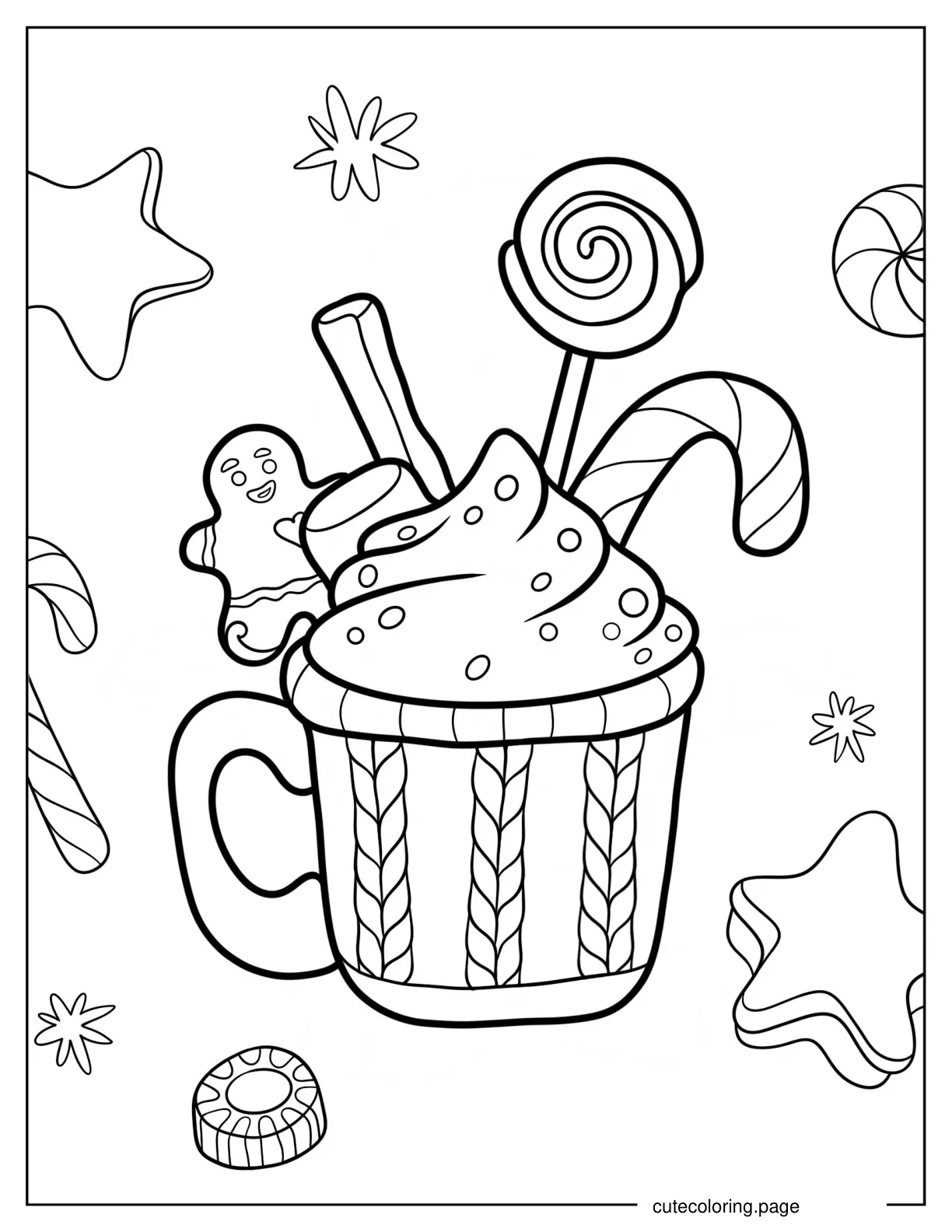 Festive Hot Chocolate Cup With Lollipop Candy Cane Cinnamon Stick And Gingerbread Man coloring page