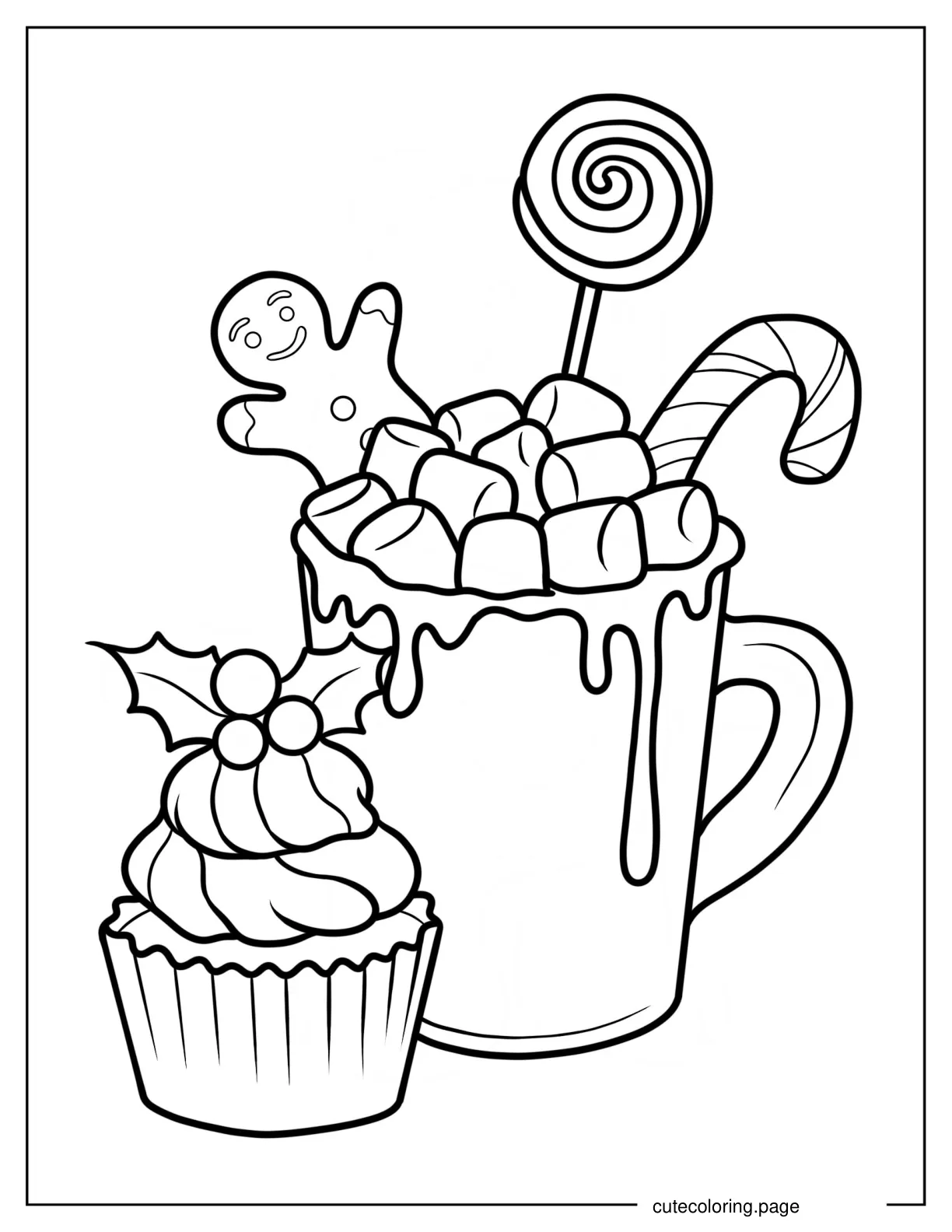 Hot Chocolate Drink With Toppings Beside Christmas Cupcake Coloring Page coloring page