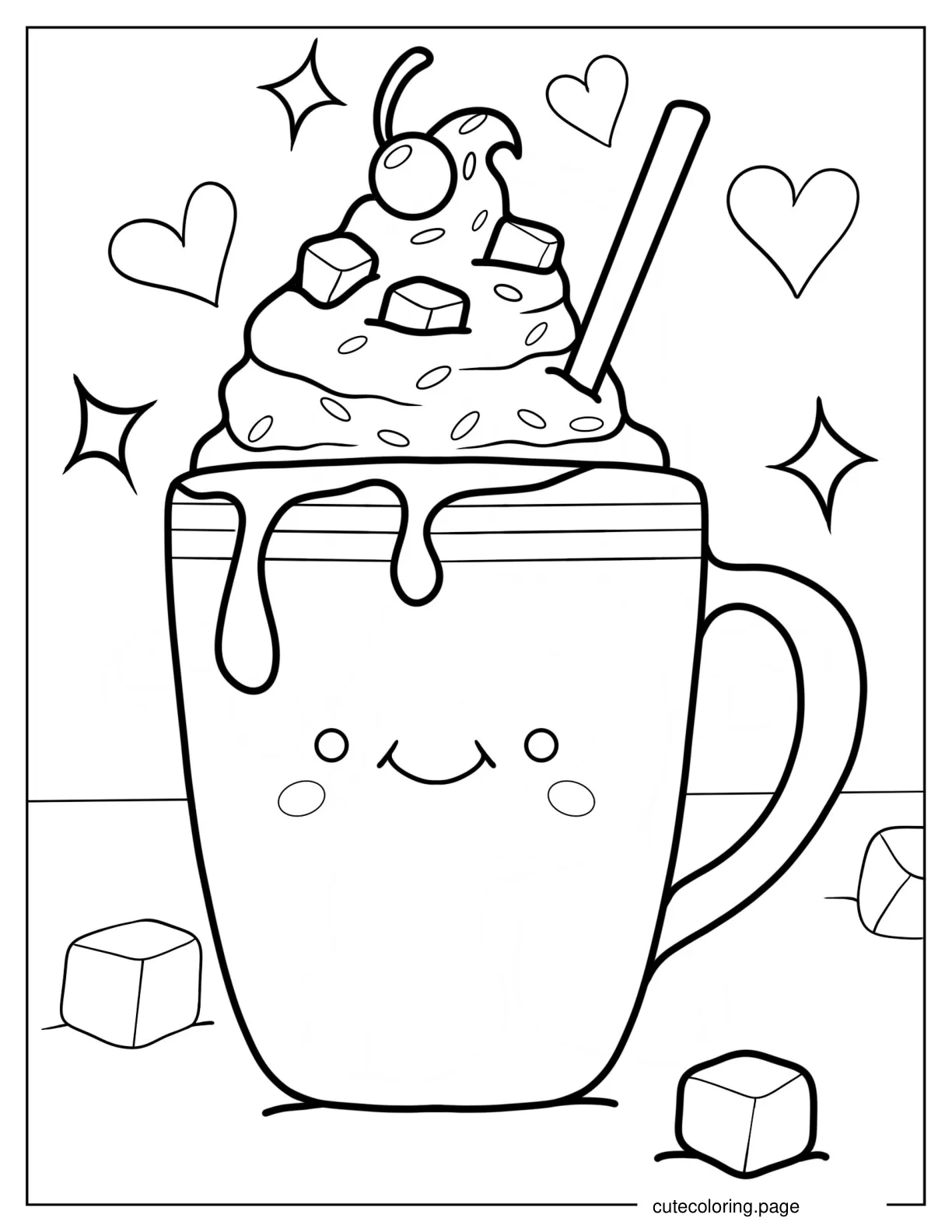 Hot Chocolate Topped With Whipped Cream And Marshmallows Coloring Sheet coloring page