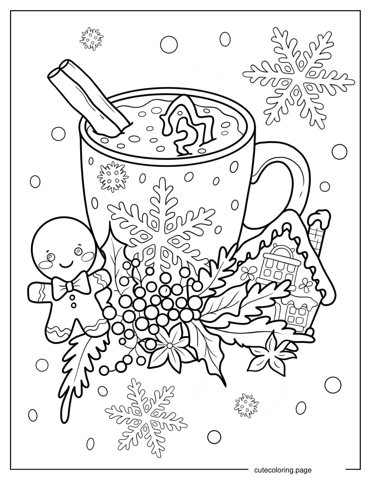 Hot Chocolate With Cinnamon Sticks Gingerbread Man and Christmas Cookies Coloring Sheet coloring page