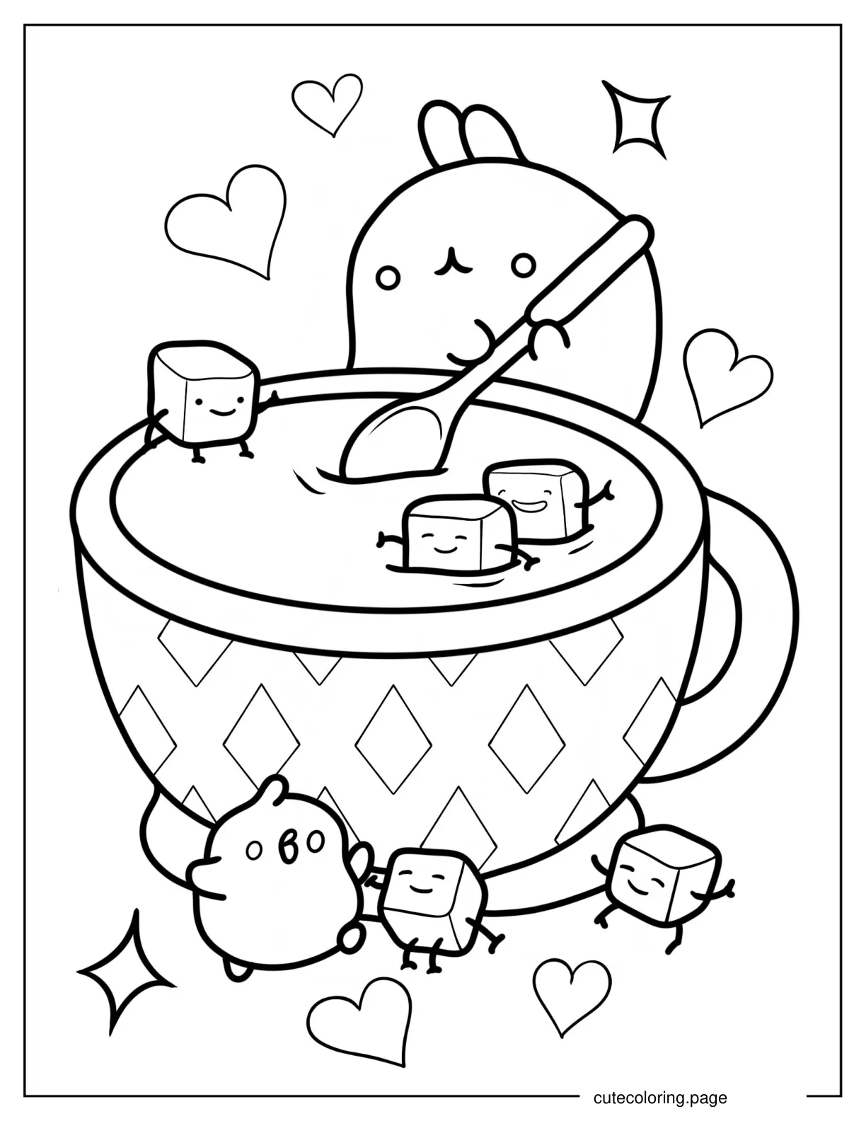 Kawaii Cartoon Stirring Hot Chocolate With Sugar Cubes Coloring Sheet For Kids coloring page