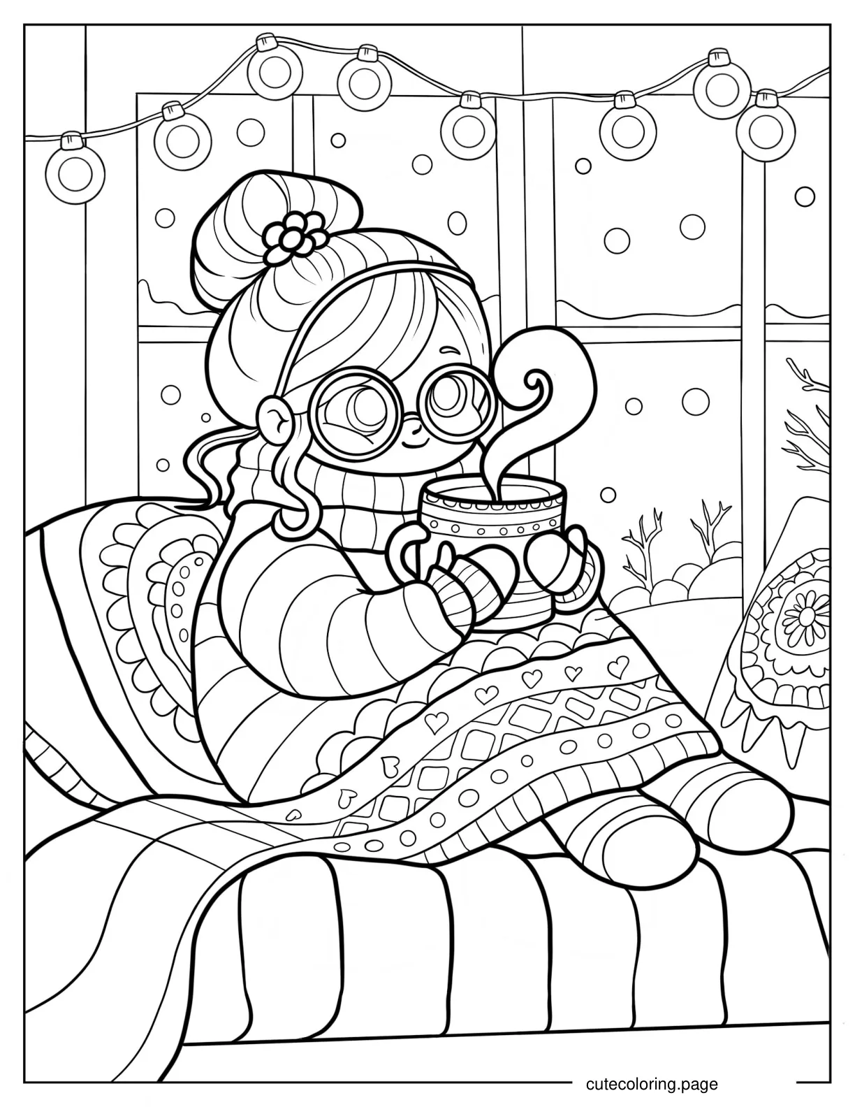 Kawaii Girl With Glasses Holding Cup Of Hot Chocolate Coloring Page coloring page